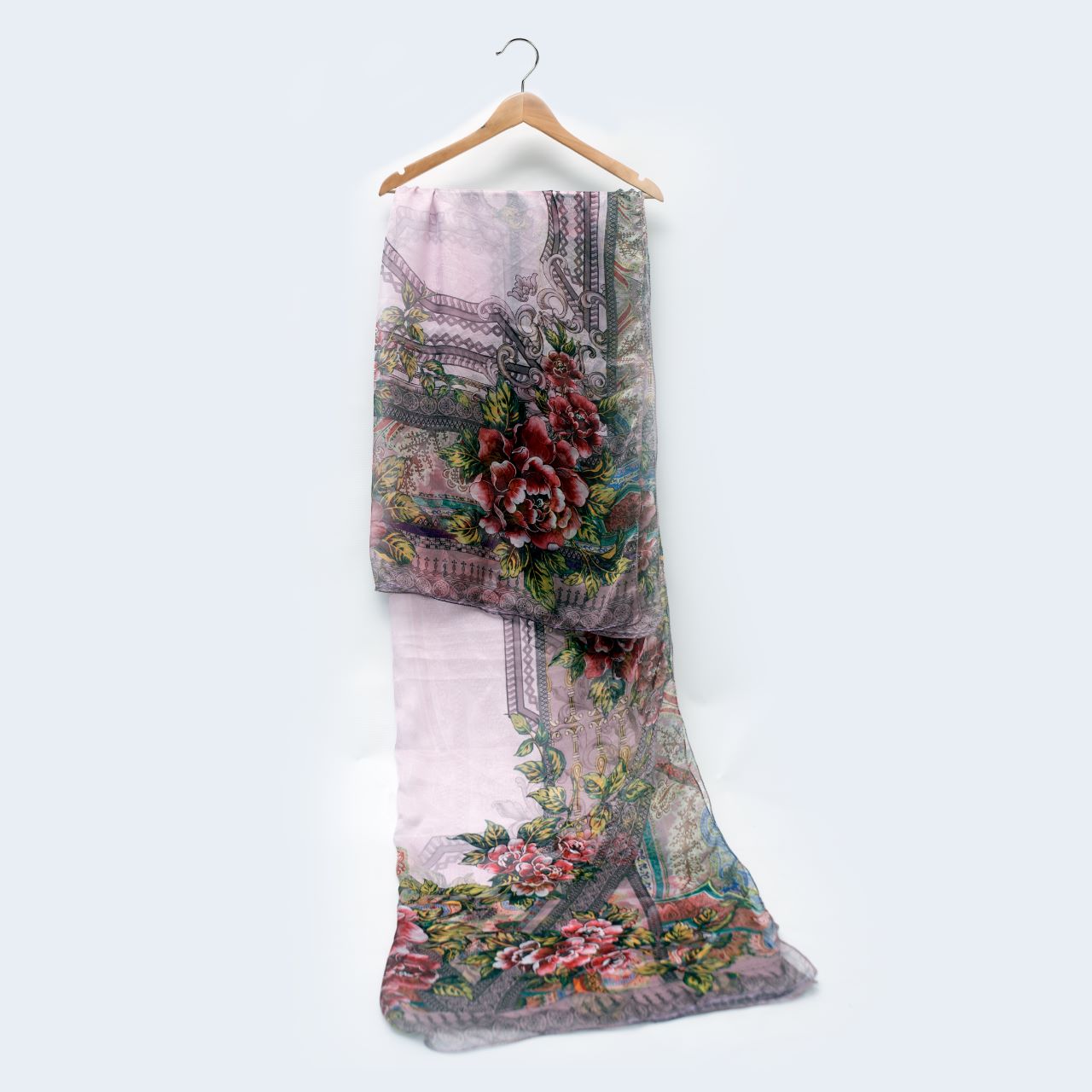 Silk Light Pink Printed Floral Dupatta