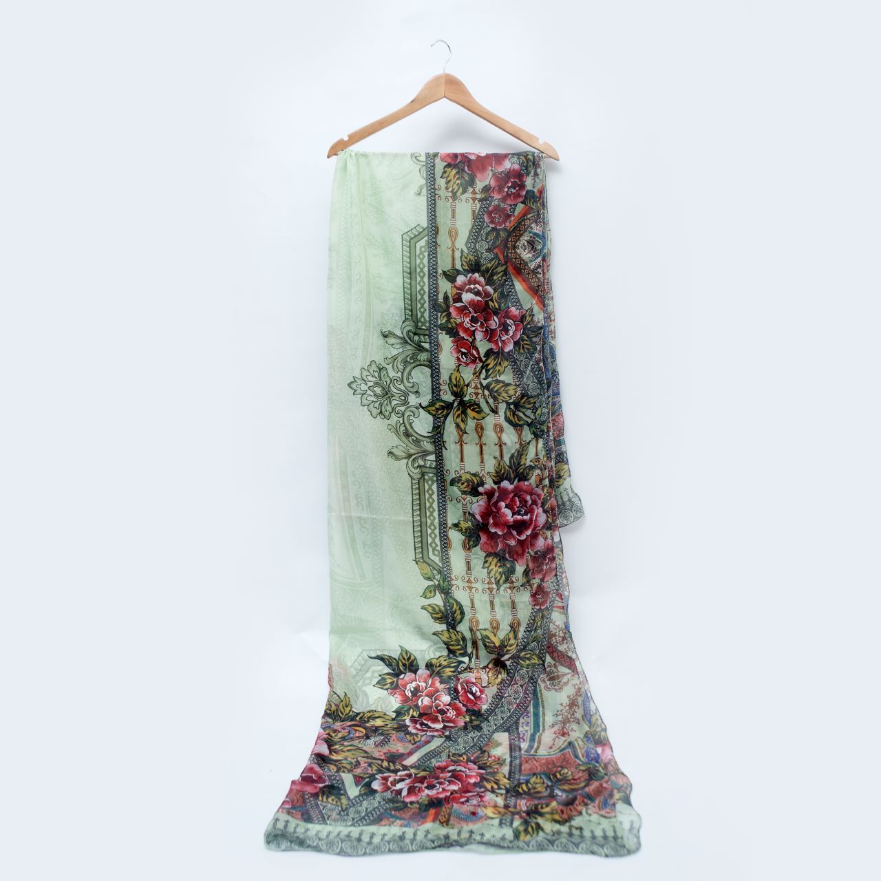 Silk Floral Olive Green Printed Dupatta