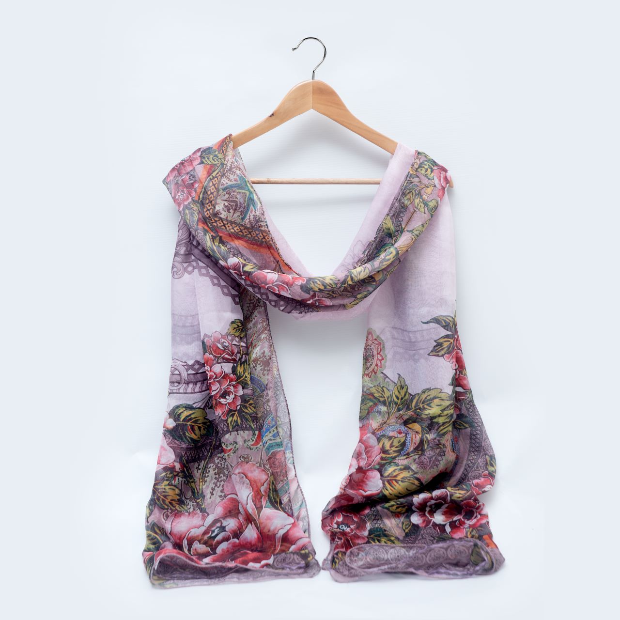 Silk Light Pink Printed Floral Dupatta