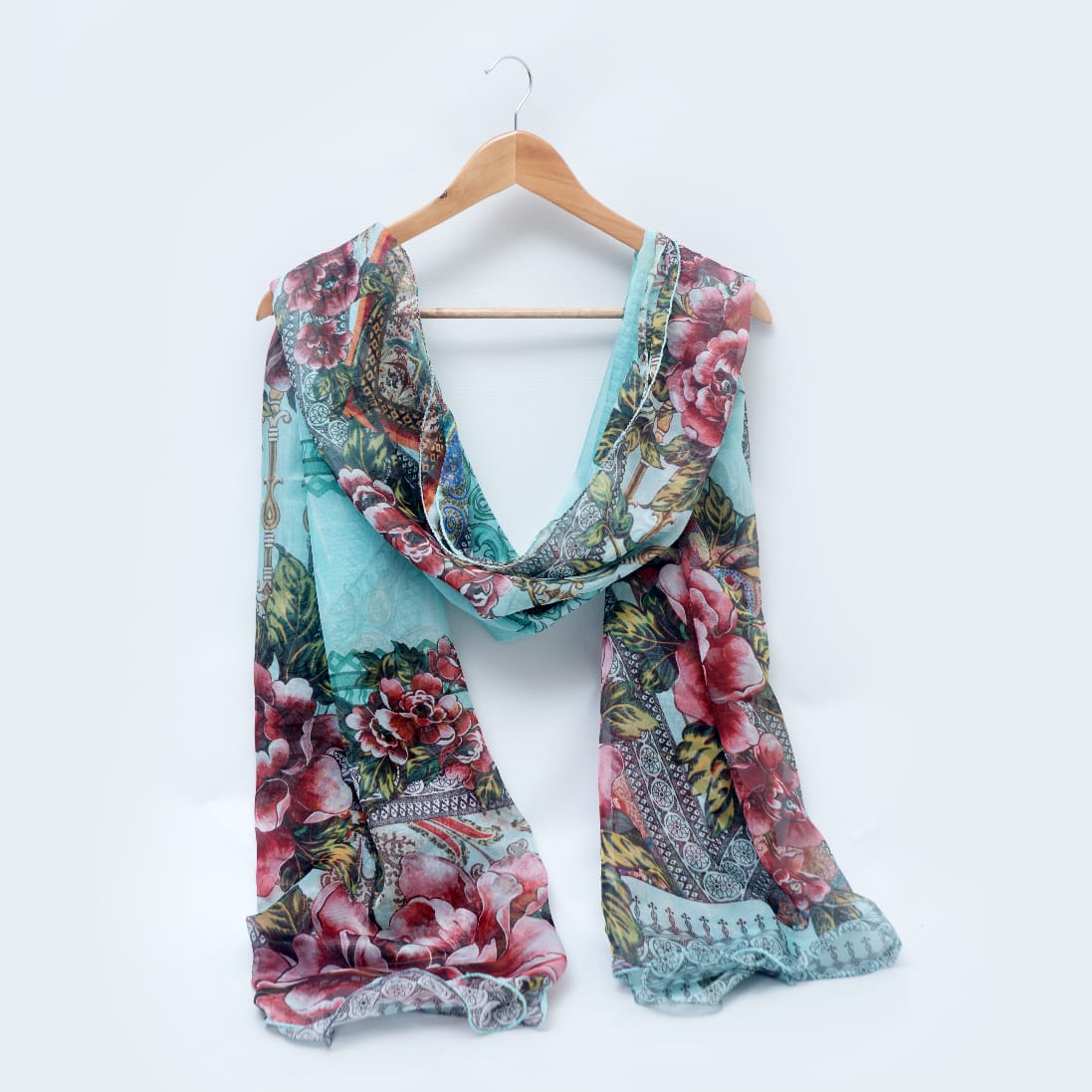 Silk Printed Floral Sky Blue Dupatta