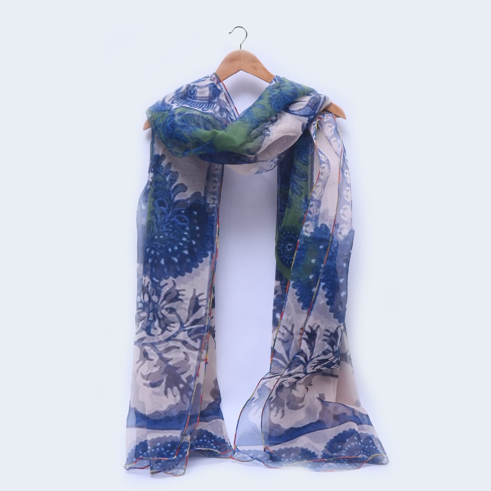 Organza Blue and Green Botanical Printed Dupatta