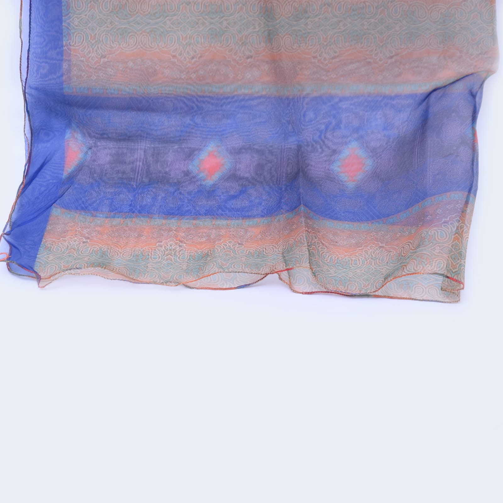 Organza Blue and Skin Paisley Striped Printed Dupatta