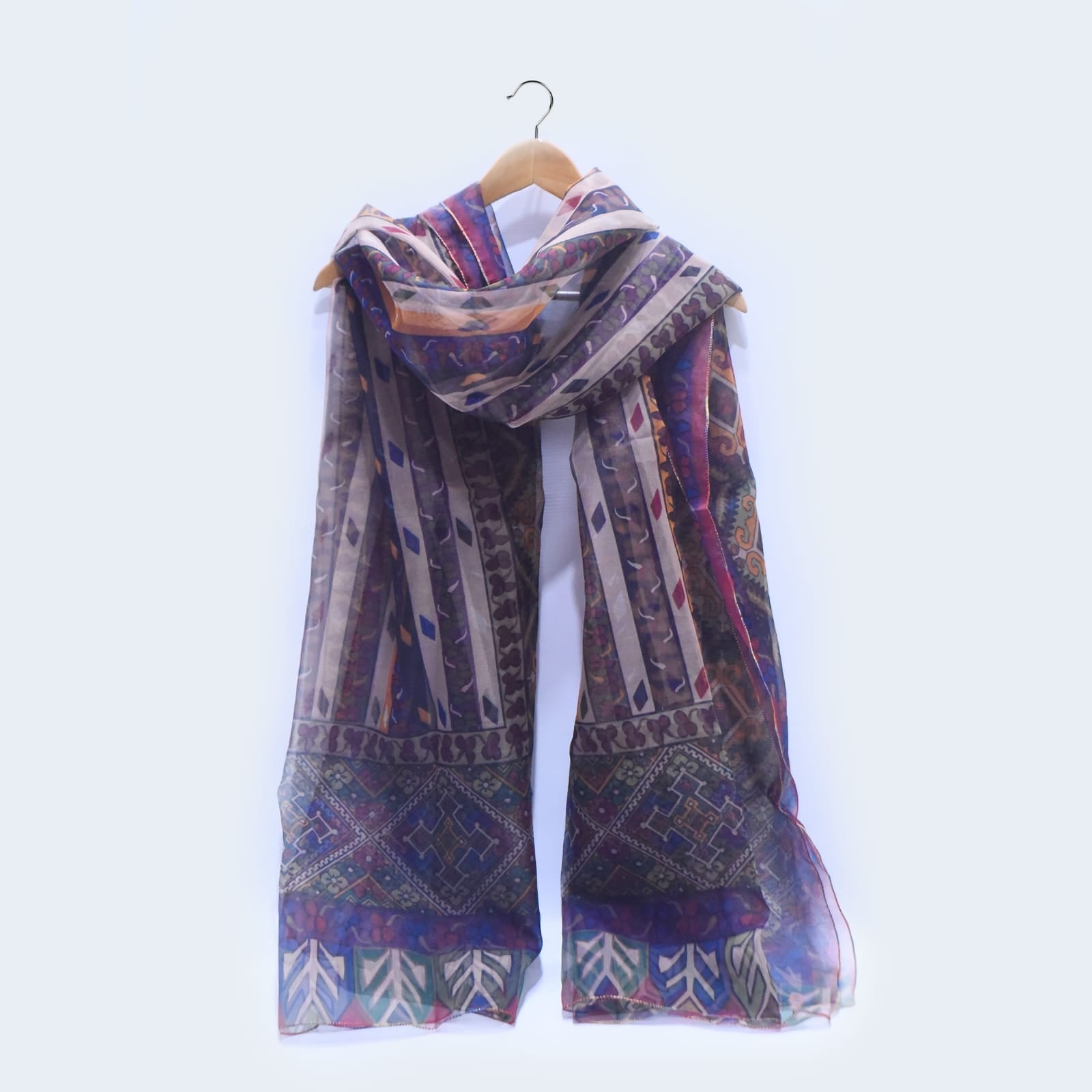 Organza Blue With Multi Decorative Ornamental Printed Dupatta