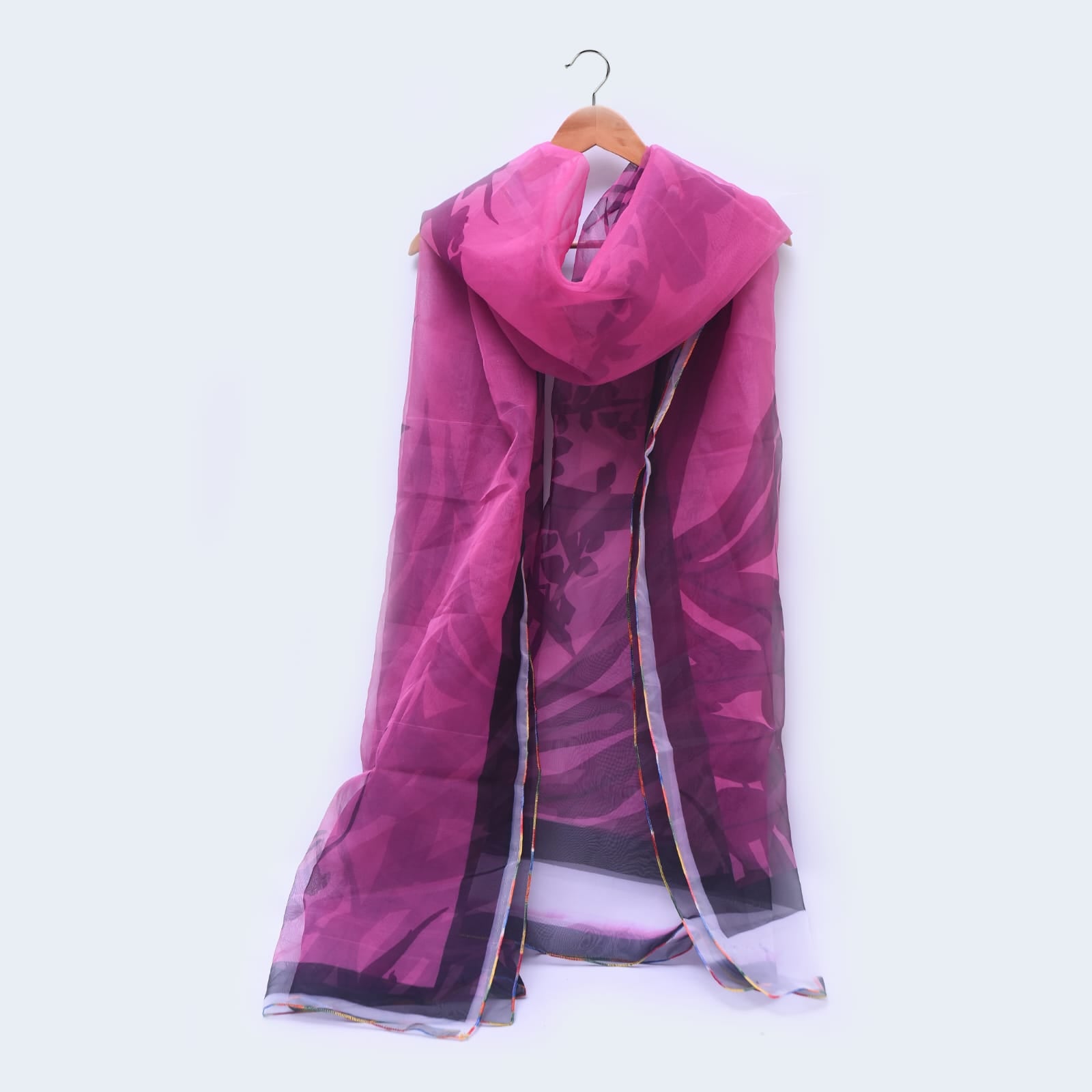 Organza Pink Abstract Leaf Striped Printed Dupatta