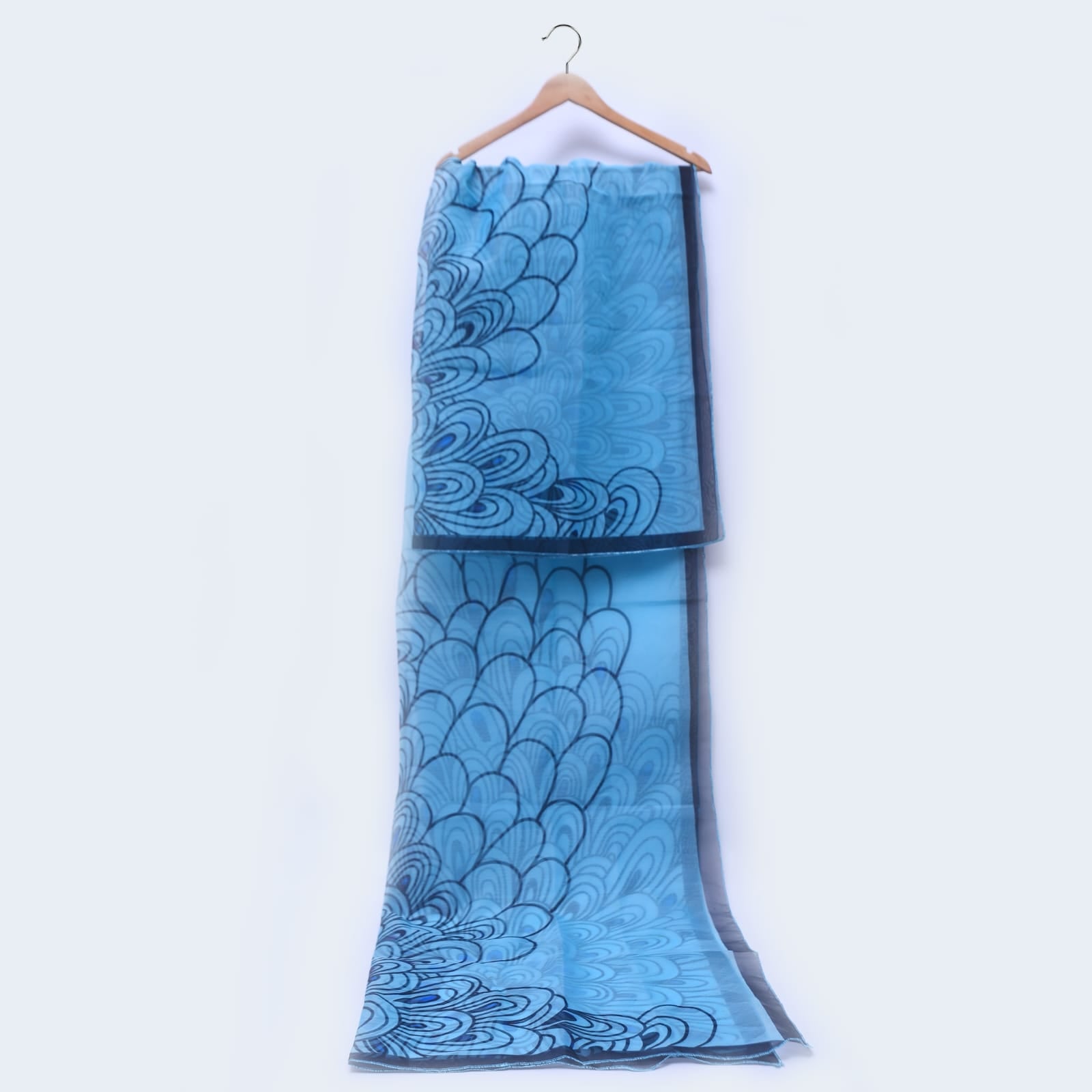Organza Blue Peacock Feather Printed Dupatta