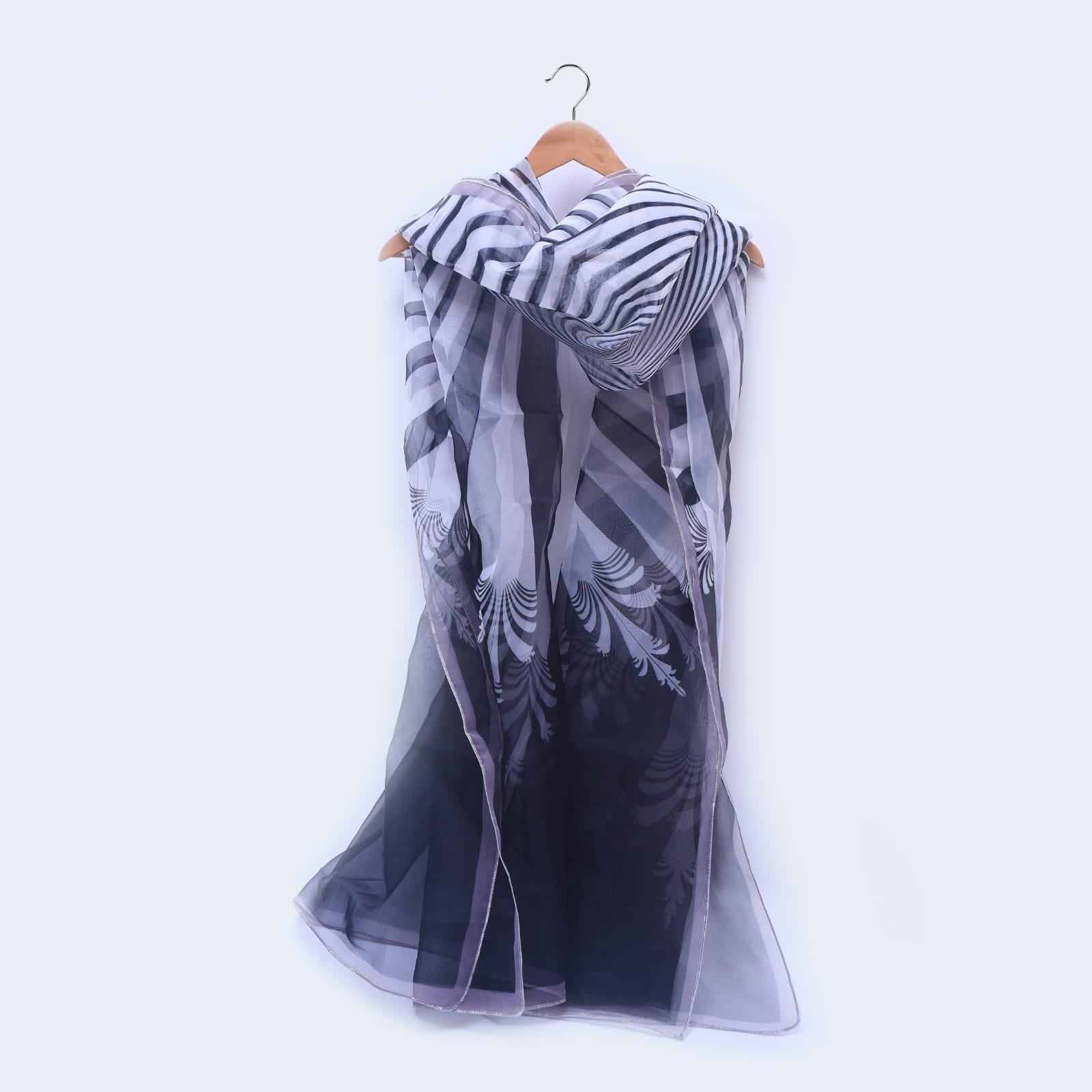 Organza Black and White Fleur de Lis Rays Printed Dupatta