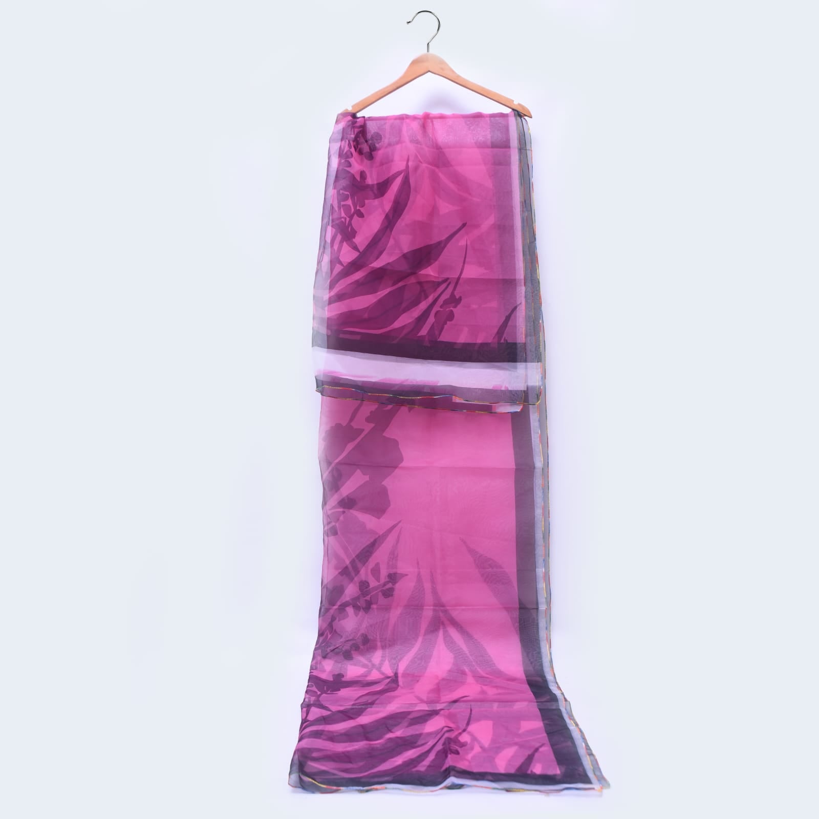 Organza Pink Abstract Leaf Striped Printed Dupatta