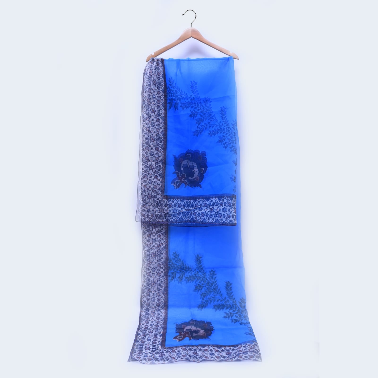 Organza Blue All Sided Border Spring Floral Dupatta