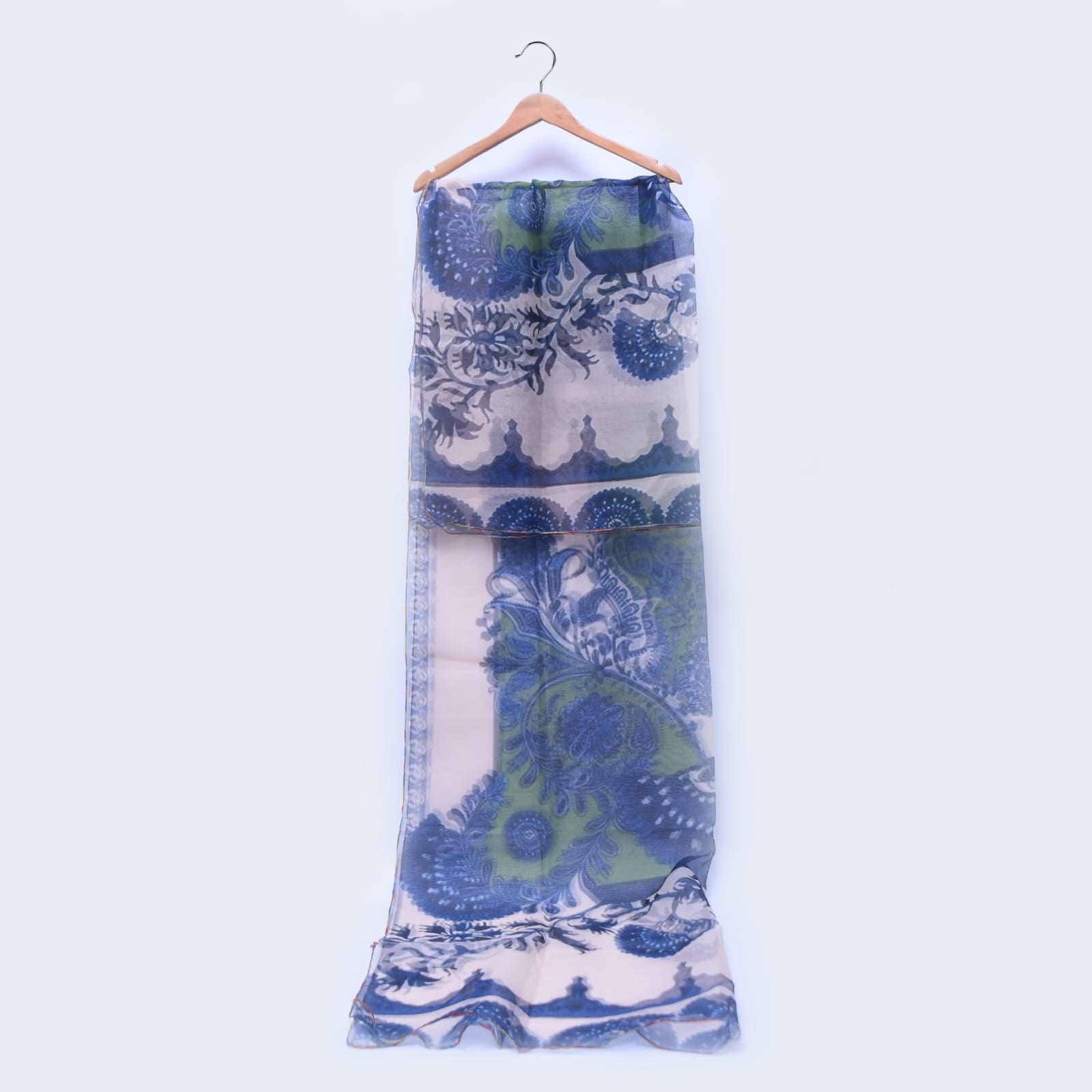 Organza Blue and Green Botanical Printed Dupatta