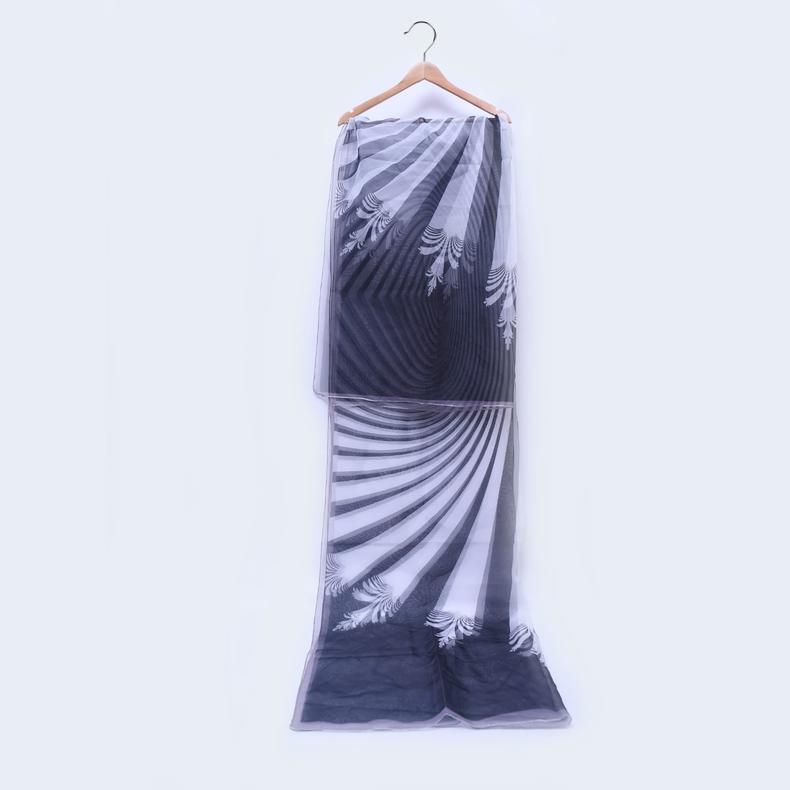 Organza Black and White Fleur de Lis Rays Printed Dupatta