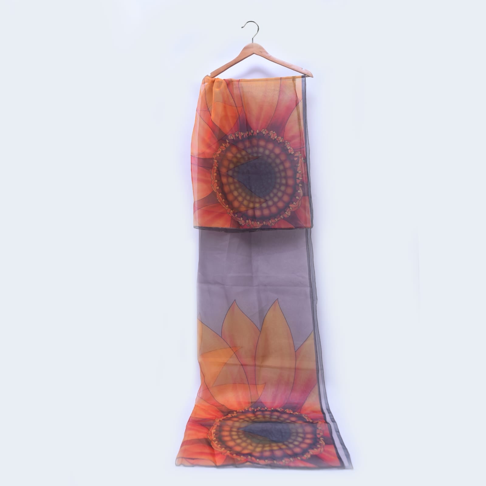 Organza Gray Sunflower Printed Dupatta