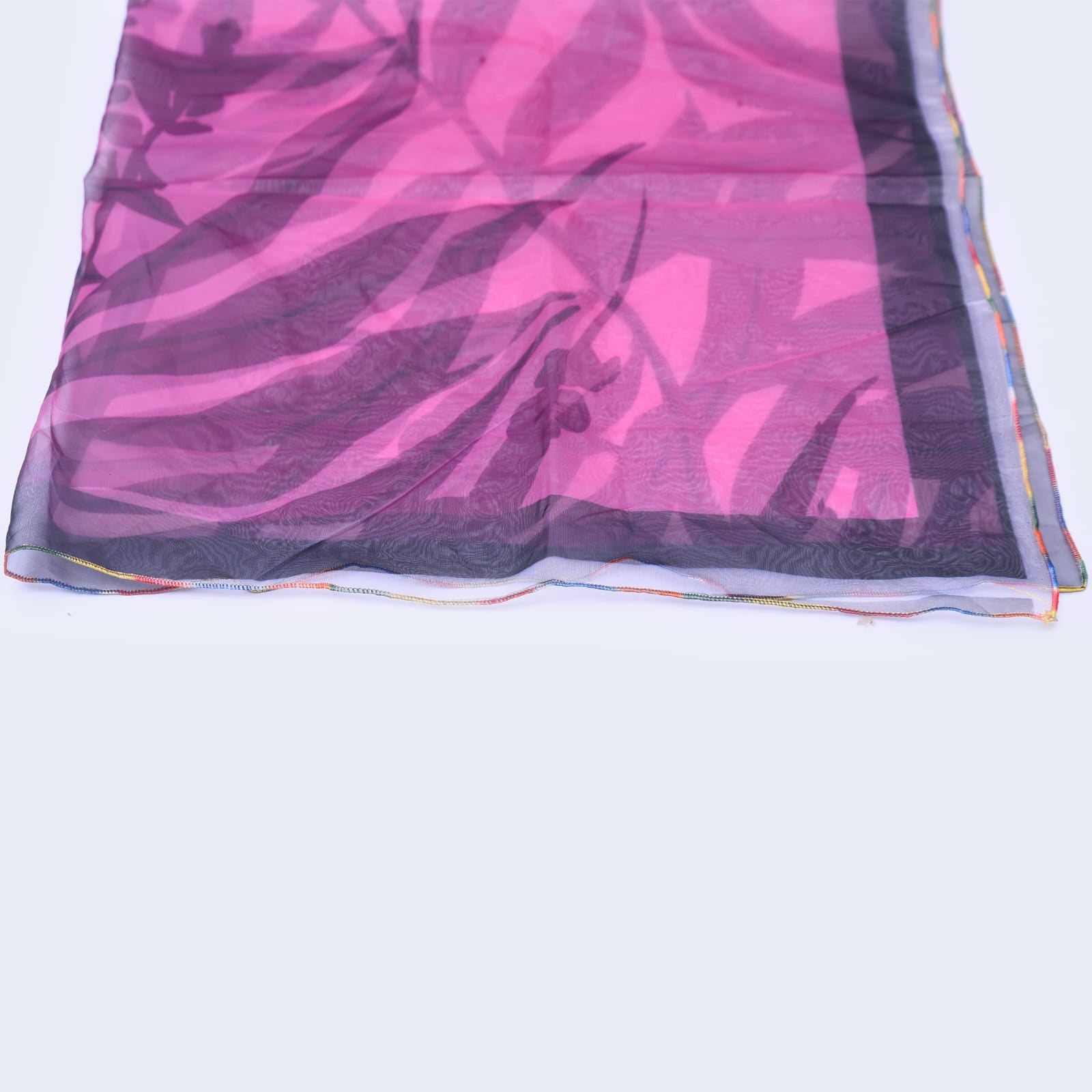 Organza Pink Abstract Leaf Striped Printed Dupatta