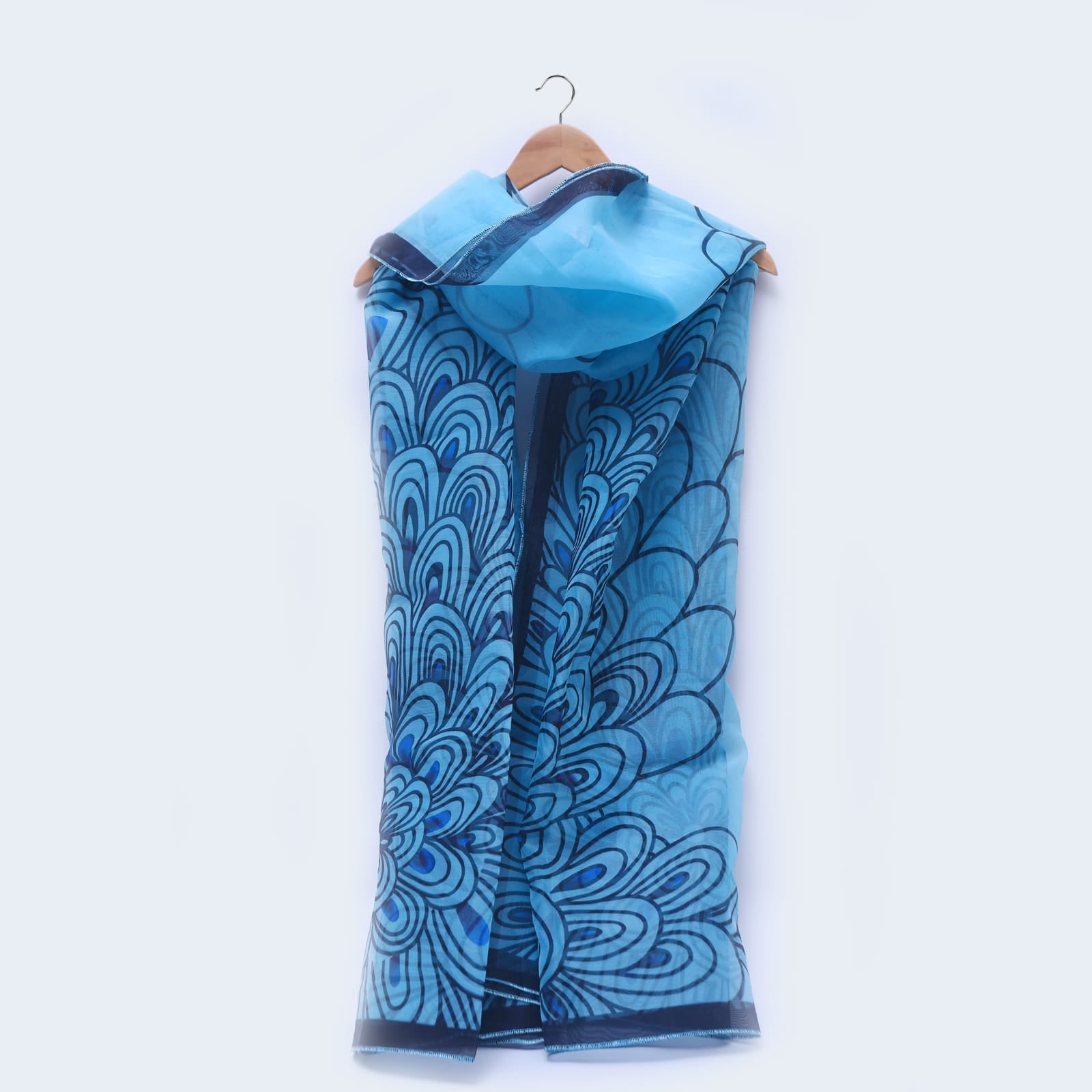 Organza Blue Peacock Feather Printed Dupatta