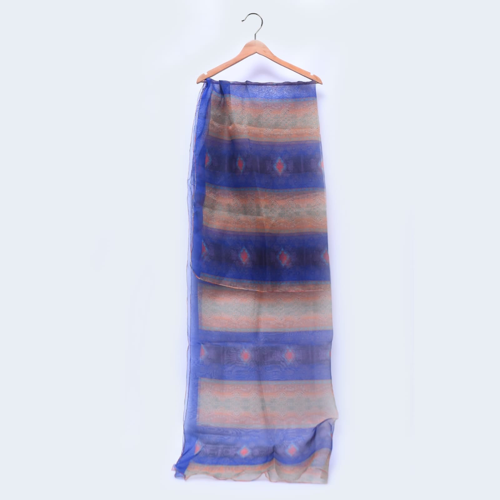 Organza Blue and Skin Paisley Striped Printed Dupatta