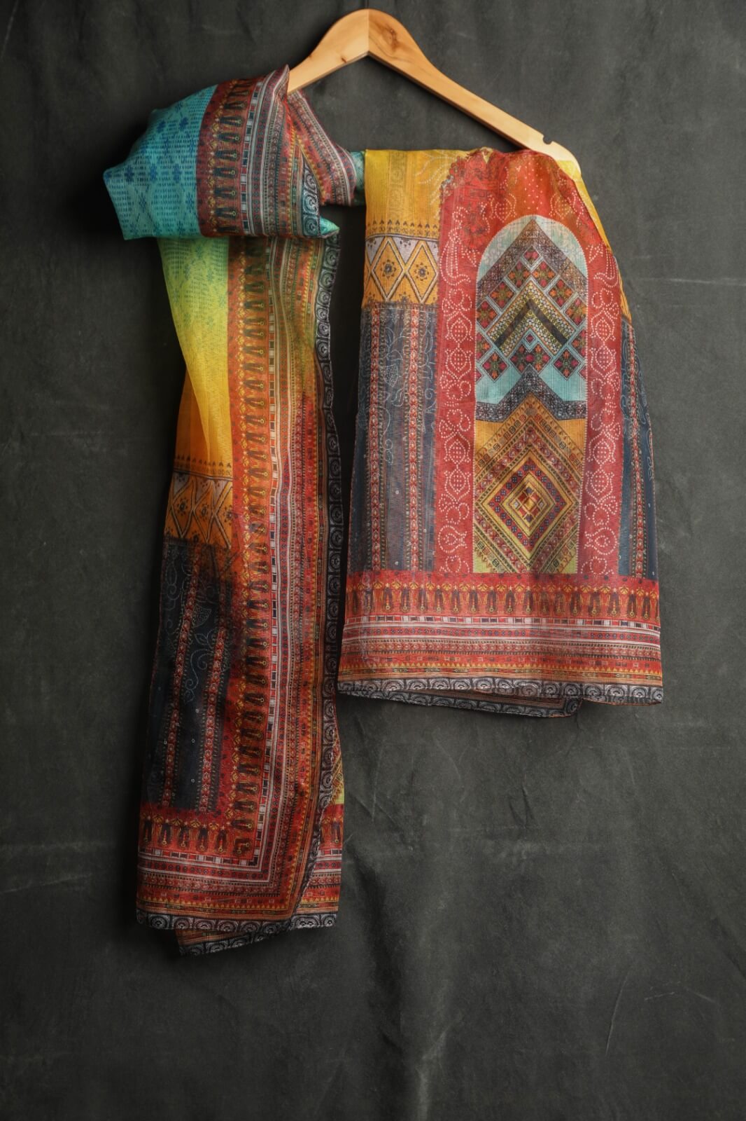 Organza Multi Abstract Ornaments Printed Dupatta