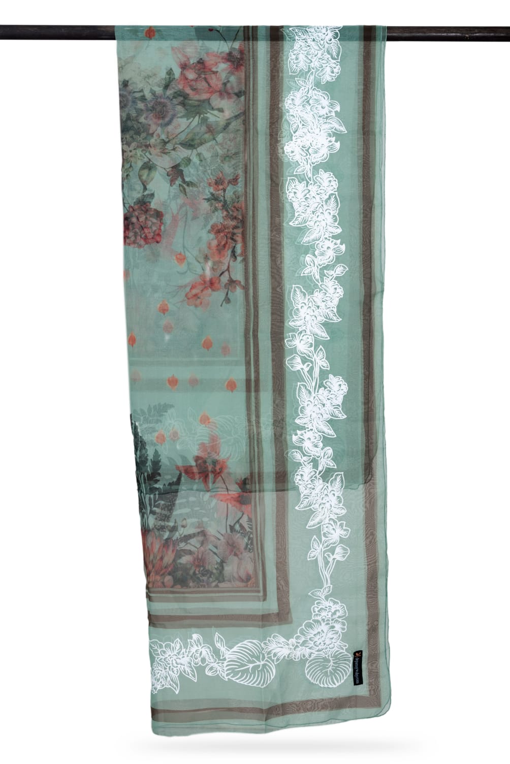 Organza Mint Green Floral Printed With Embossed Border Dupatta
