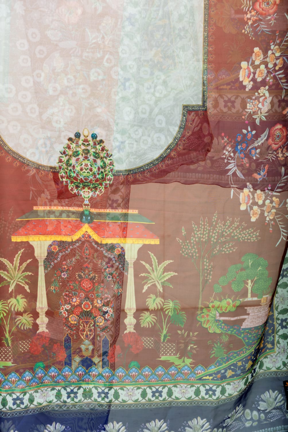 Silk Maroon Floral Monument Printed Dupatta