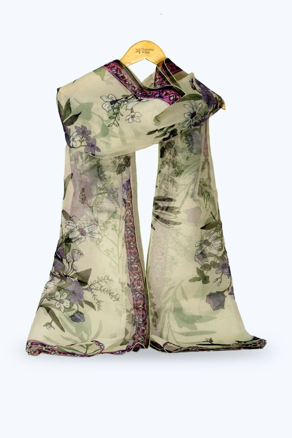 Organza Cucumber Green Floral Printed Dupatta