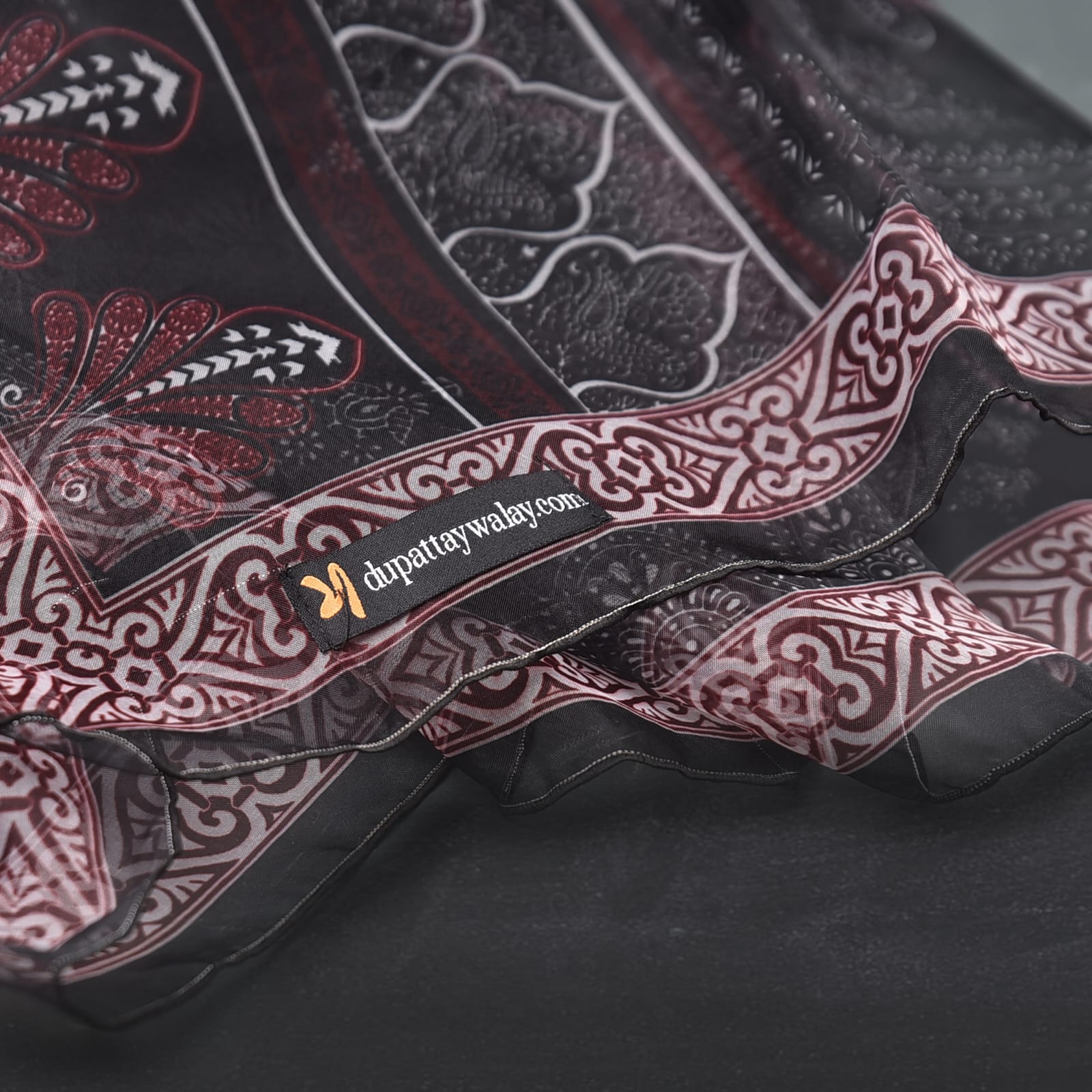 Organza Black Damask Printed Dupatta