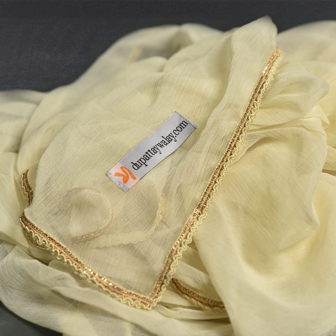 Chiffon Crayola Lemon Yellow All sided Lace Dupatta