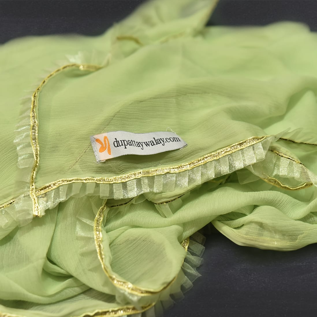 Chiffon Light Lime Green All sided Lace Dupatta