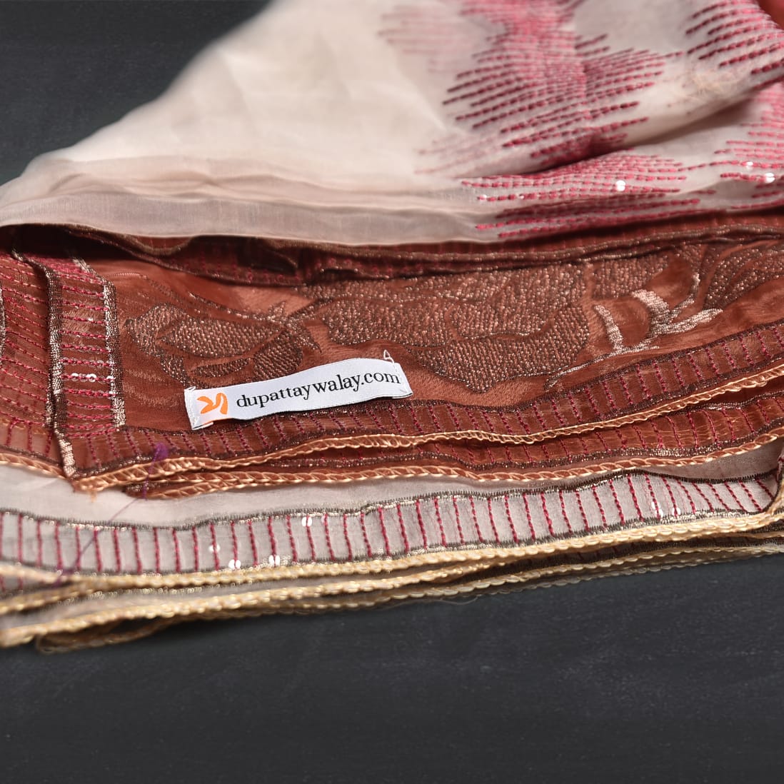 Organza Brown Embroidered Dupatta