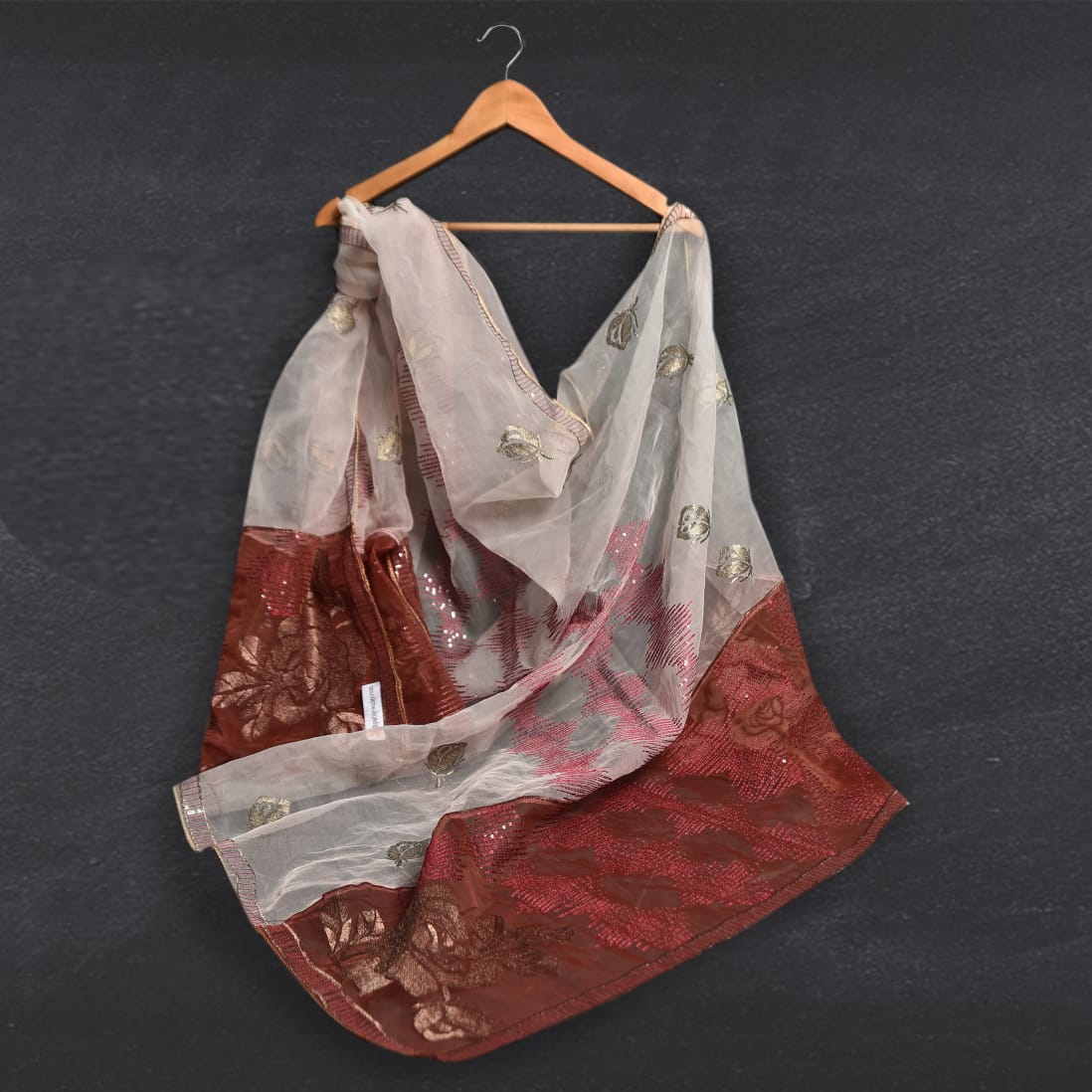 Organza Brown Embroidered Dupatta