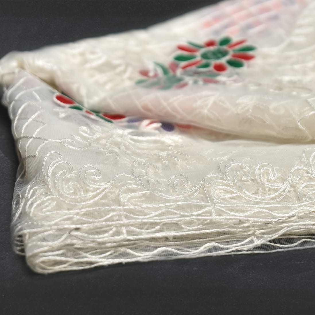 Chiffon White Floral Embroidered Dupatta