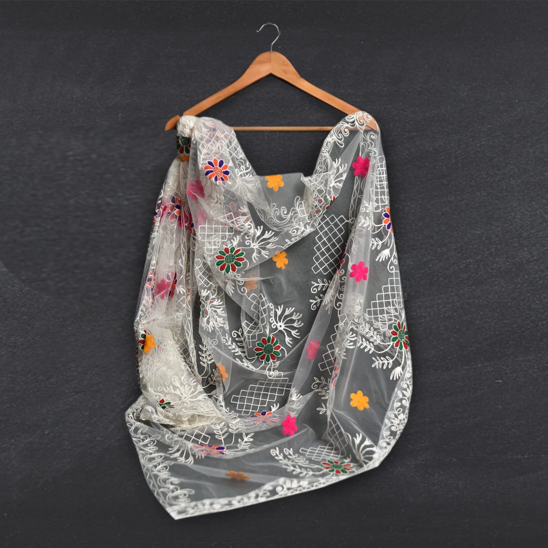 Chiffon White Floral Embroidered Dupatta