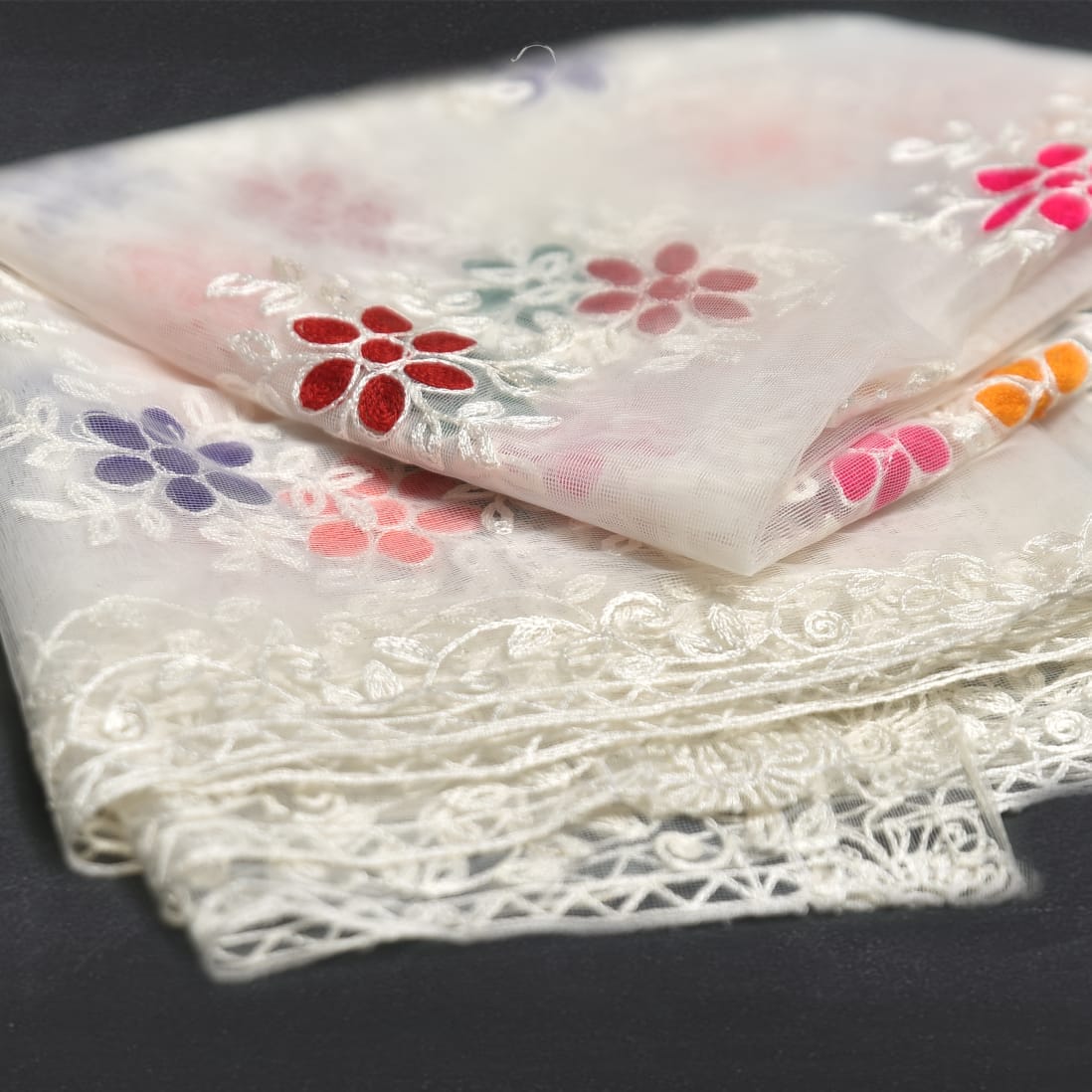 Chiffon White Multi Floral Embroidered Dupatta
