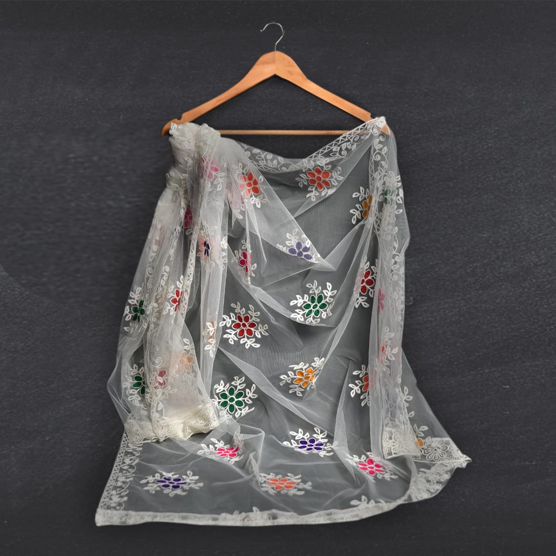Chiffon White Multi Floral Embroidered Dupatta
