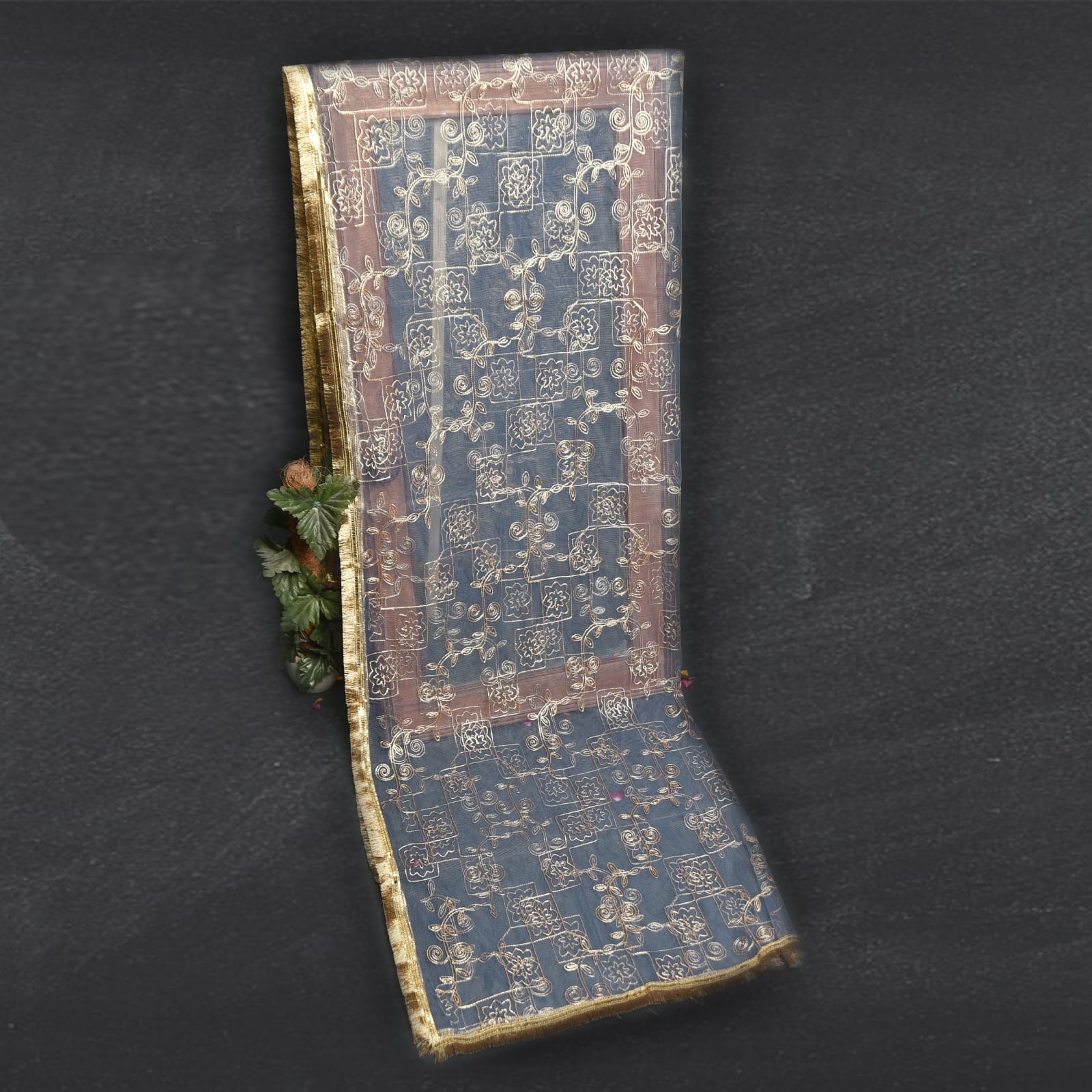 Net Zenith Blue Embroidered All Sided Lace Dupatta