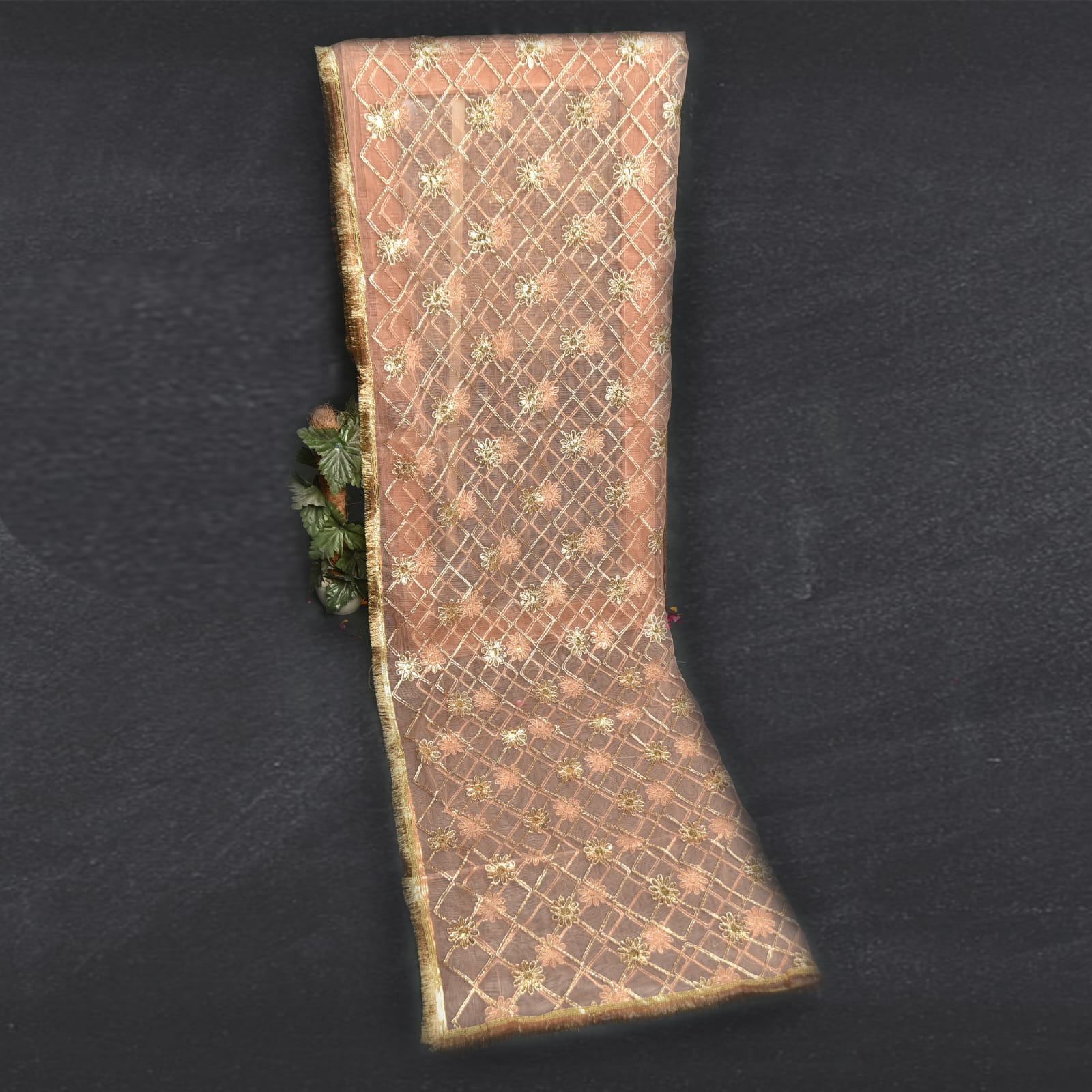 Net Light Peach Embroidered with Lace Dupatta
