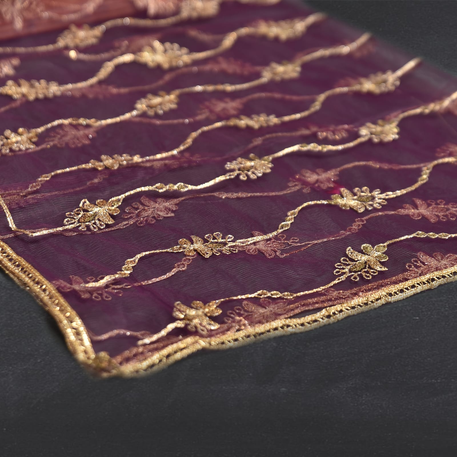 Net Purple Embroidered All Sided Lace Dupatta
