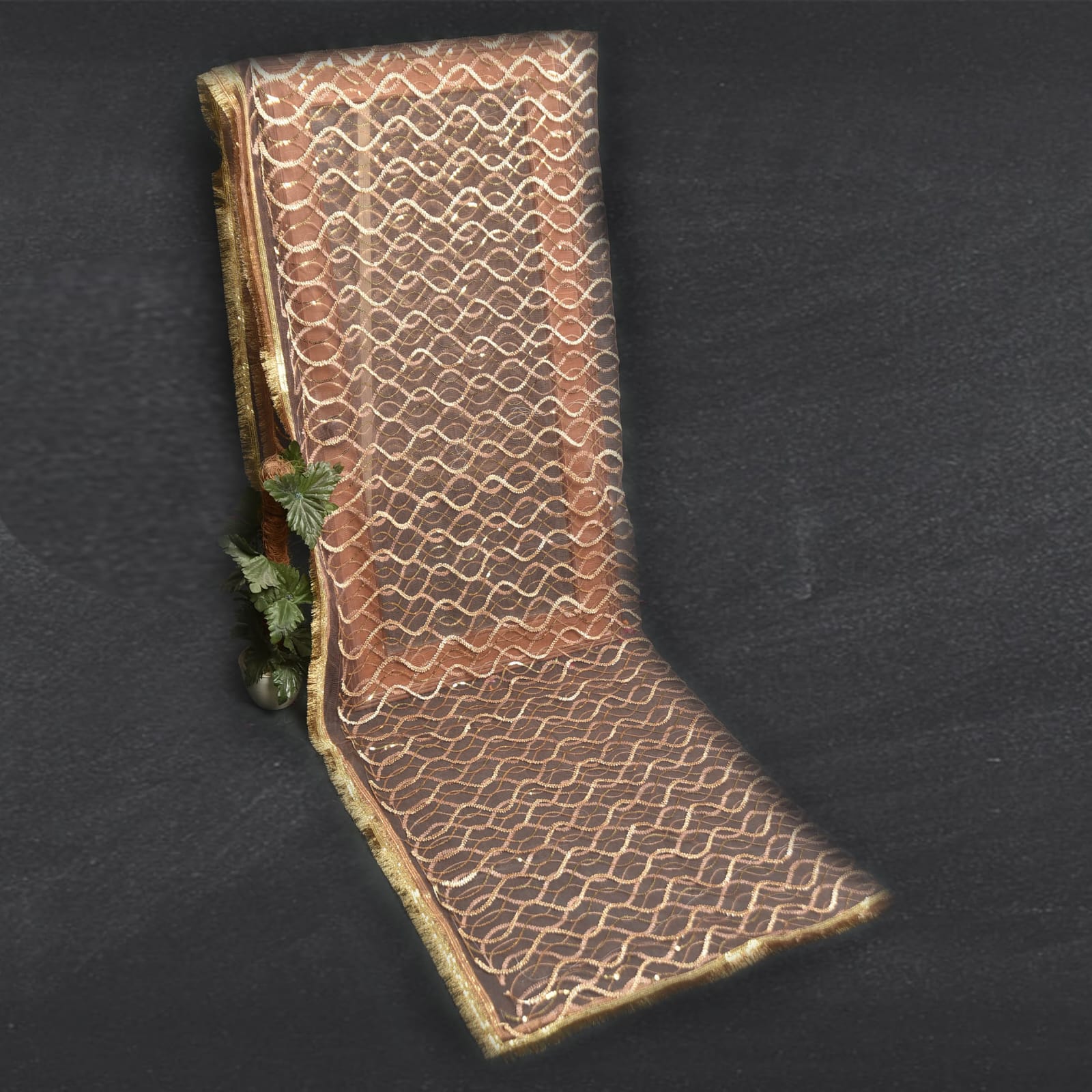 Net Peach Embroidered Dupatta