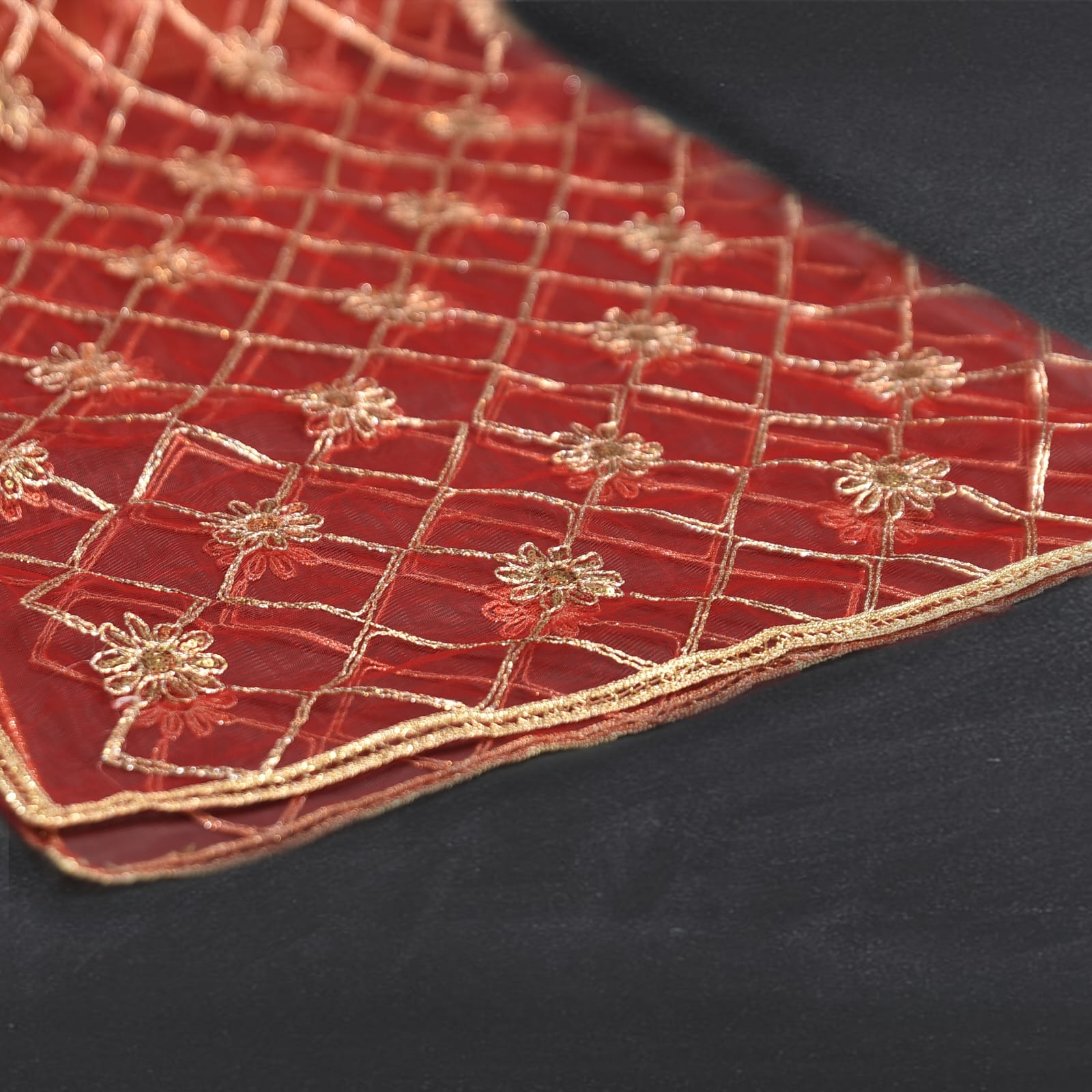 Net Red Embroidered All Sided Lace Dupatta