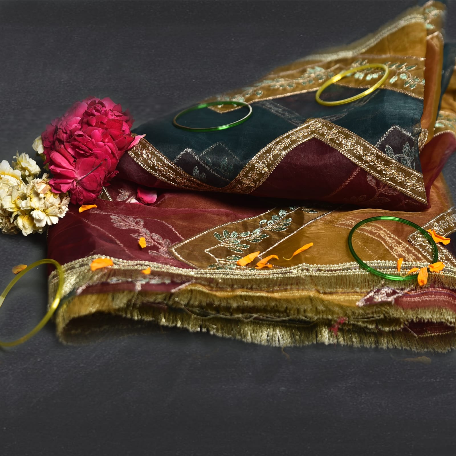 Organza Multi Chevron Art Embroidered All Sided Lace Dupatta