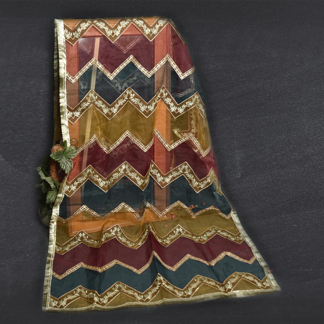 Organza Multi Chevron Art Embroidered All Sided Lace Dupatta