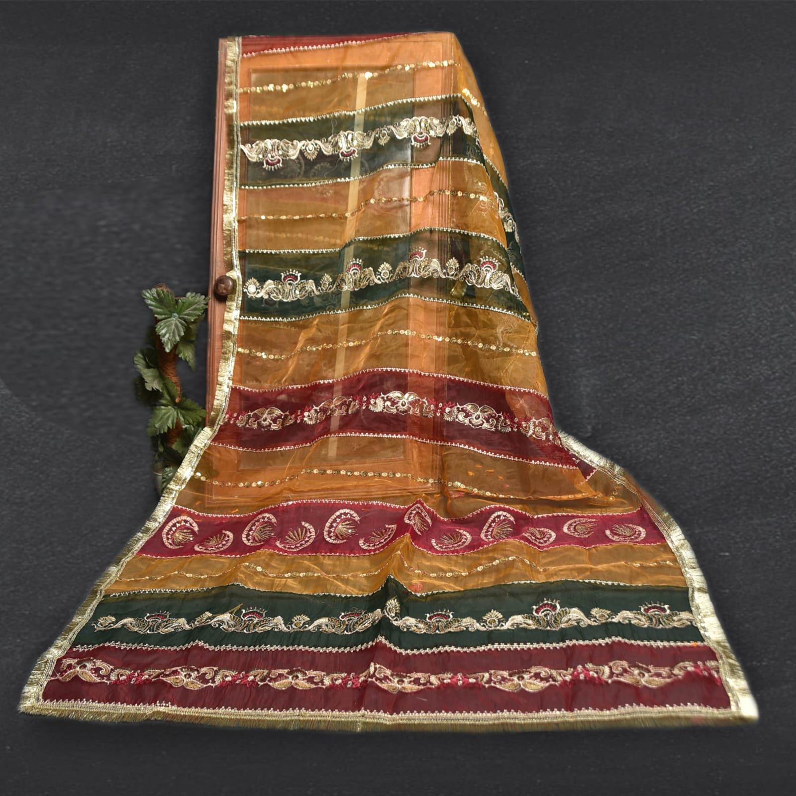 Organza Multi Striped Embroidered All Sided Lace Dupatta