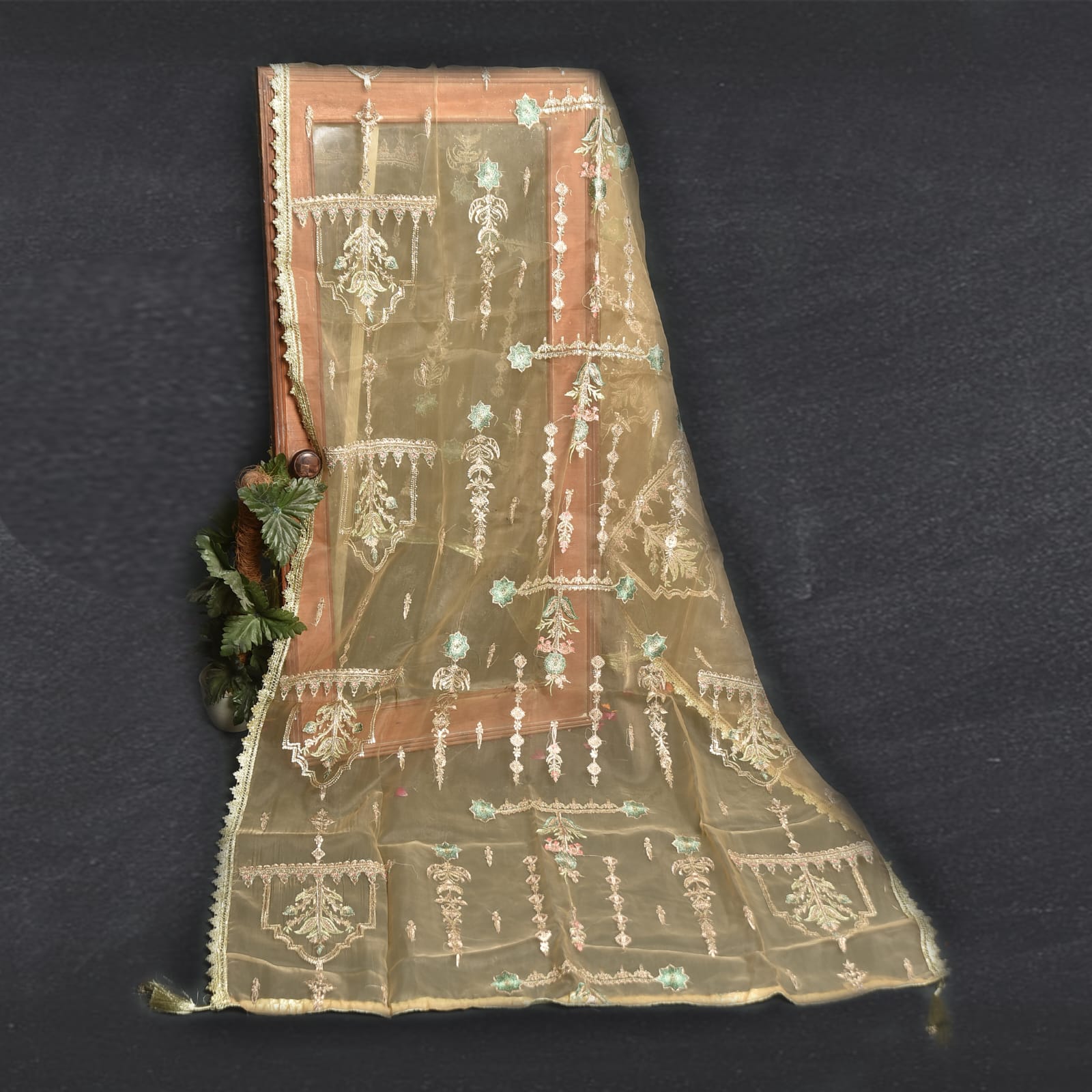 Organza Skin Embroidered All Sided Lace with Tussle Dupatta