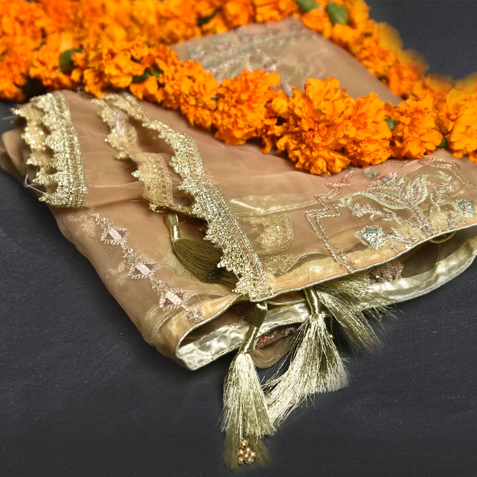 Organza Skin Embroidered All Sided Lace with Tussle Dupatta