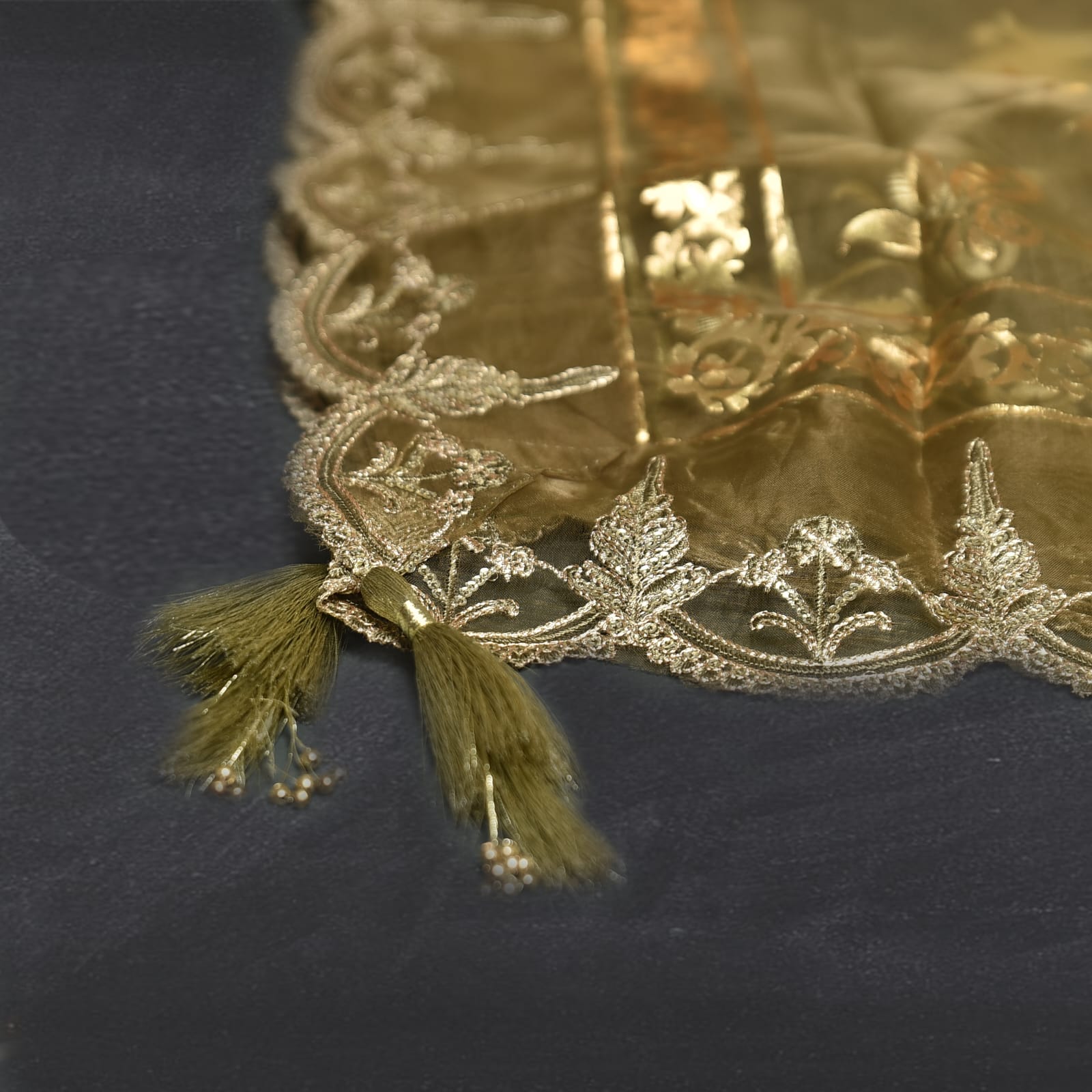 Organza Mehndi Foil Printed Embroidered All Sided Lace with Tussle Dupatta