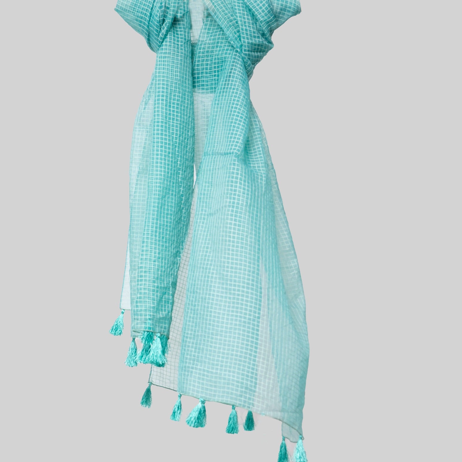 Organza Aqua Blue Checkered with Tussle Dupatta