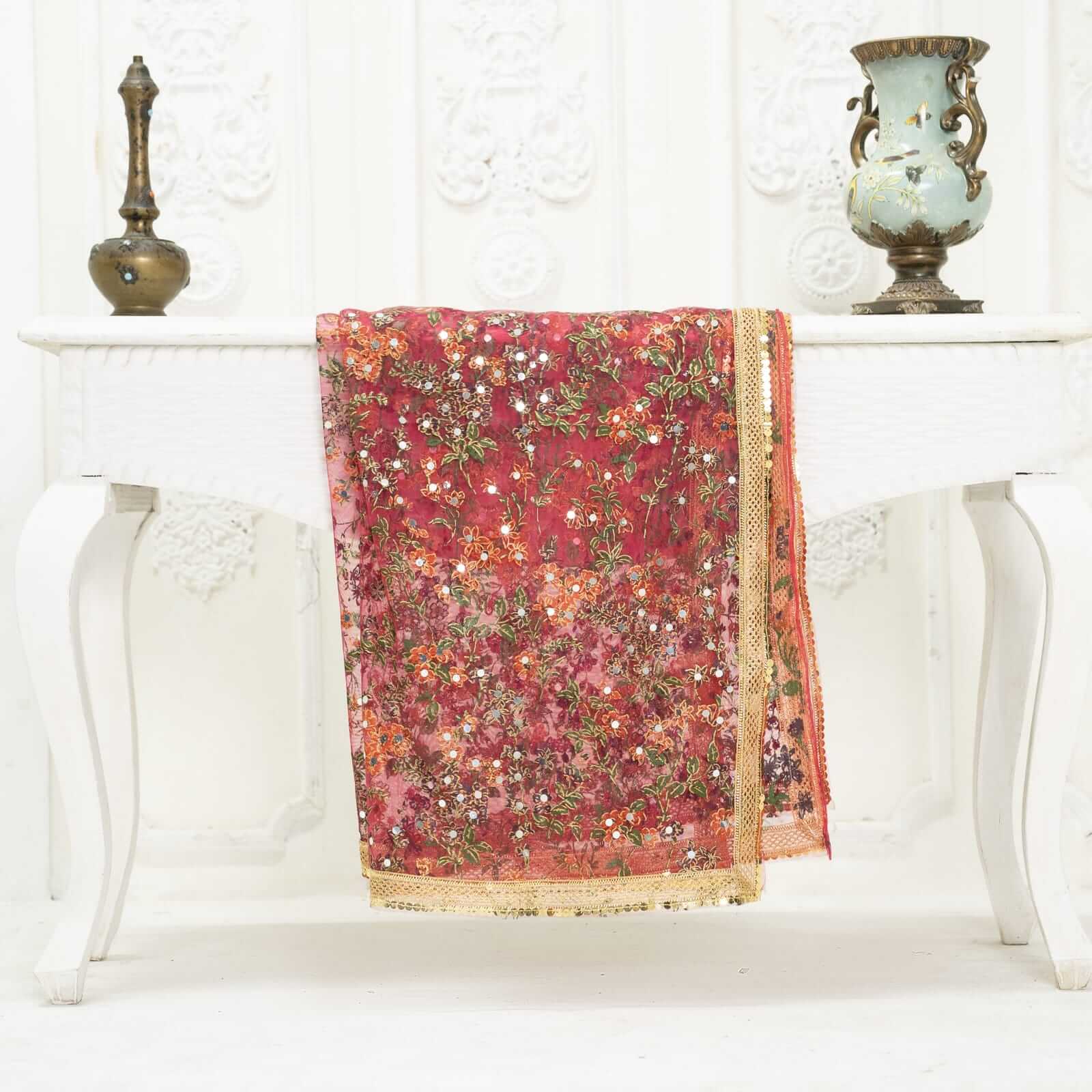 Net Shocking Pink Botanical Block Printed Gota Patti with Mirror Work Dupatta