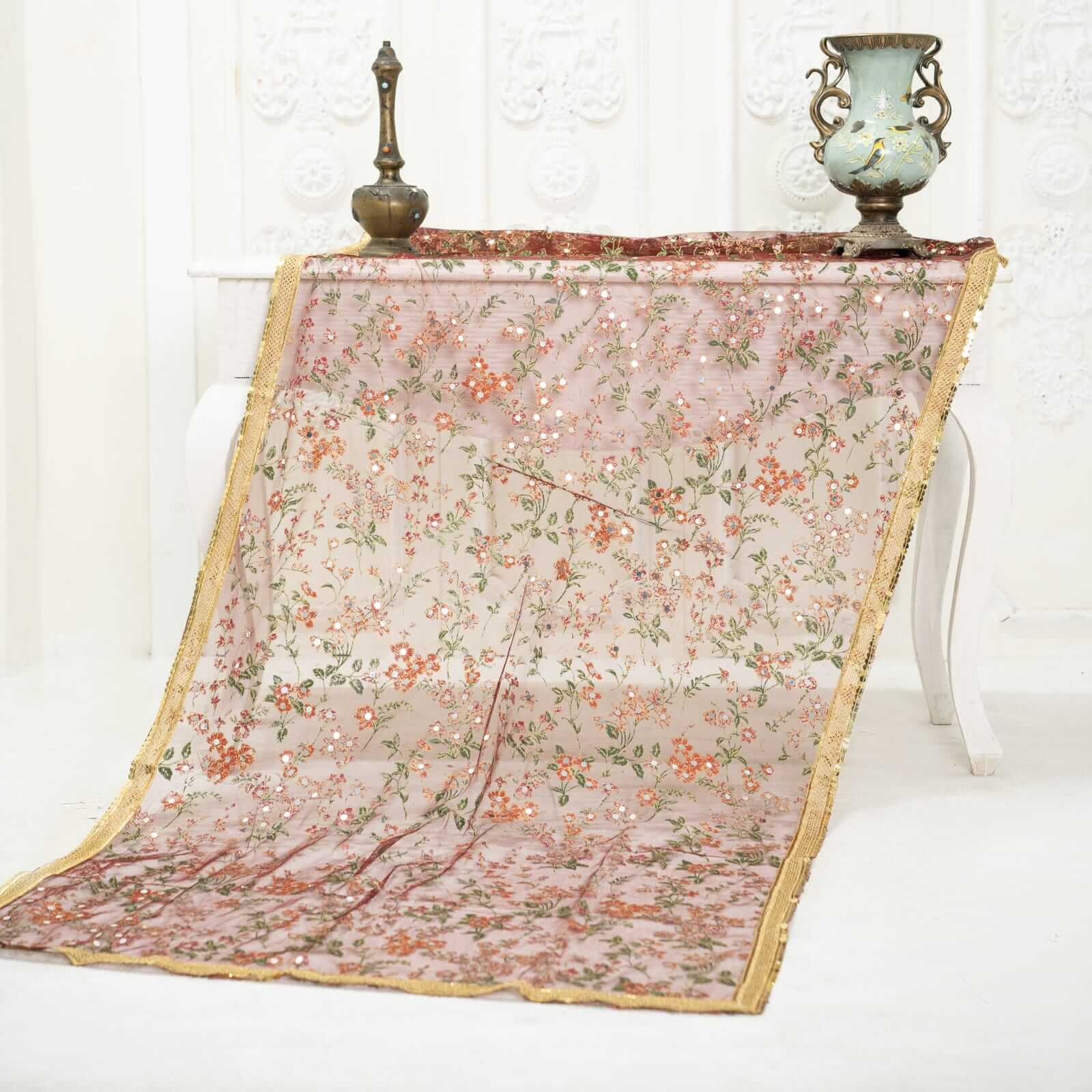 Net Shocking Pink Botanical Block Printed Gota Patti with Mirror Work Dupatta