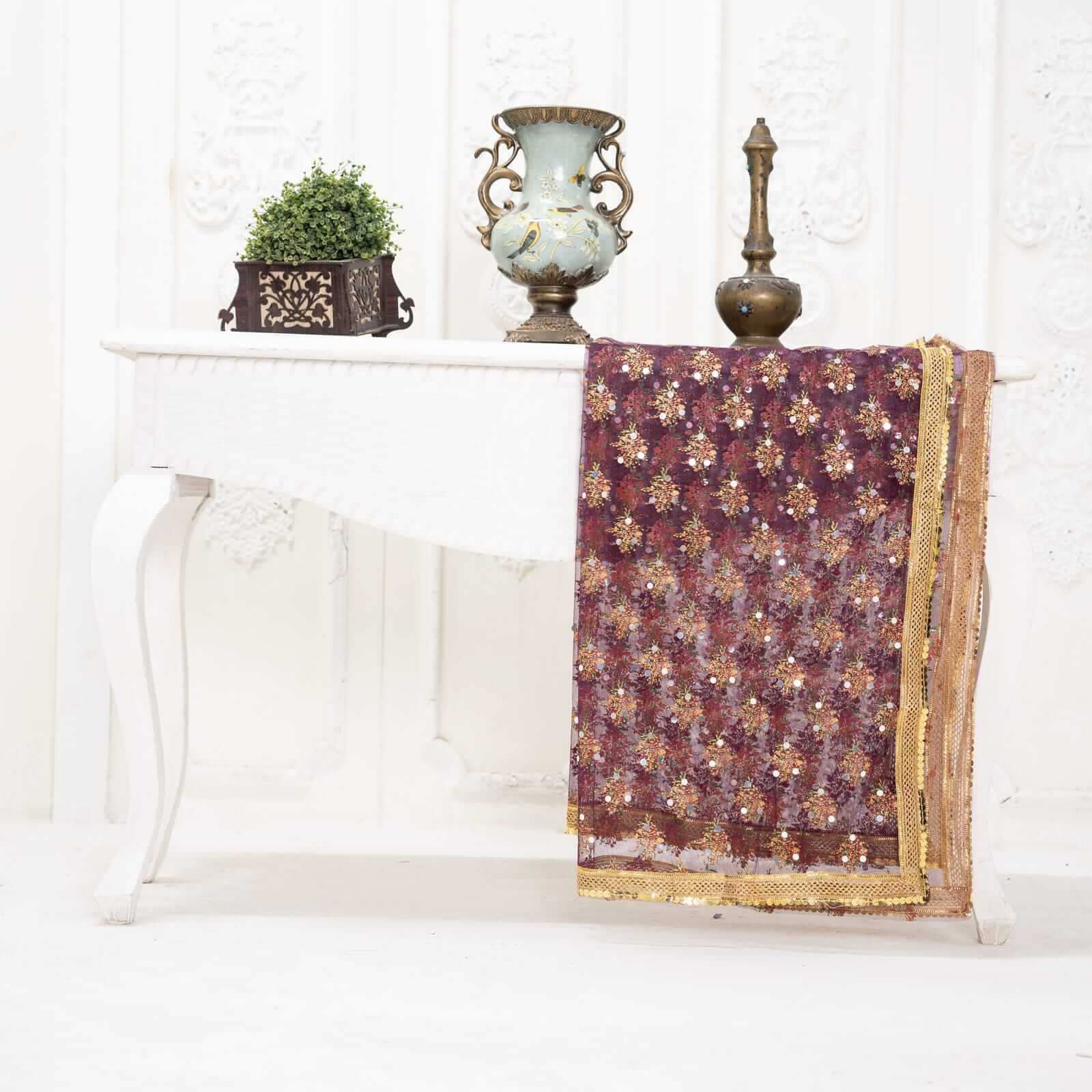 Net Purple Floral Block Printed Gota Patti with Mirror Work Dupatta