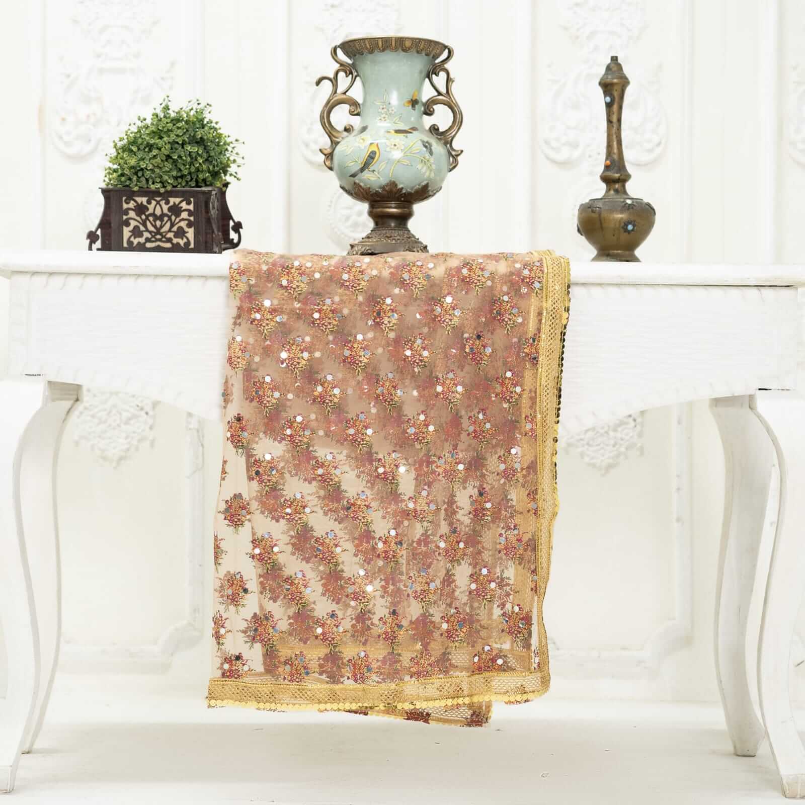 Net Skin Floral Block Printed Gota Patti with Mirror Work Dupatta