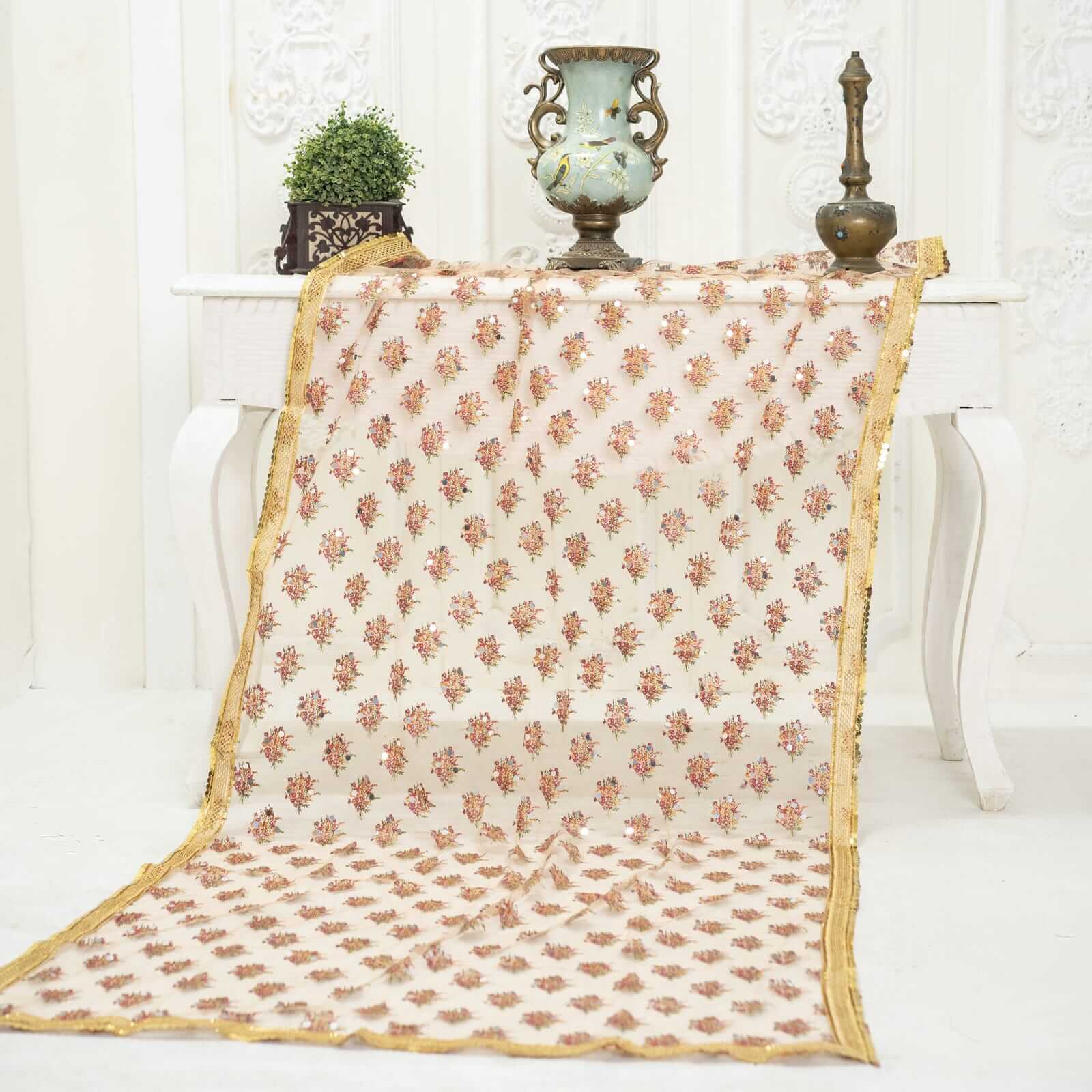 Net Skin Floral Block Printed Gota Patti with Mirror Work Dupatta