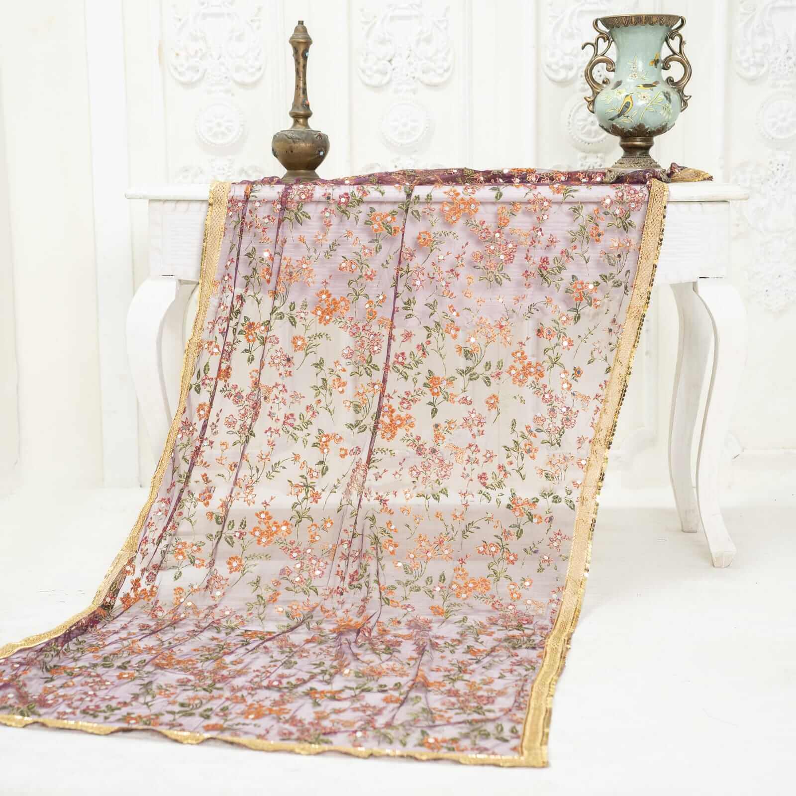 Net Purple Botanical Block Printed Gota Patti with Mirror Work Dupatta