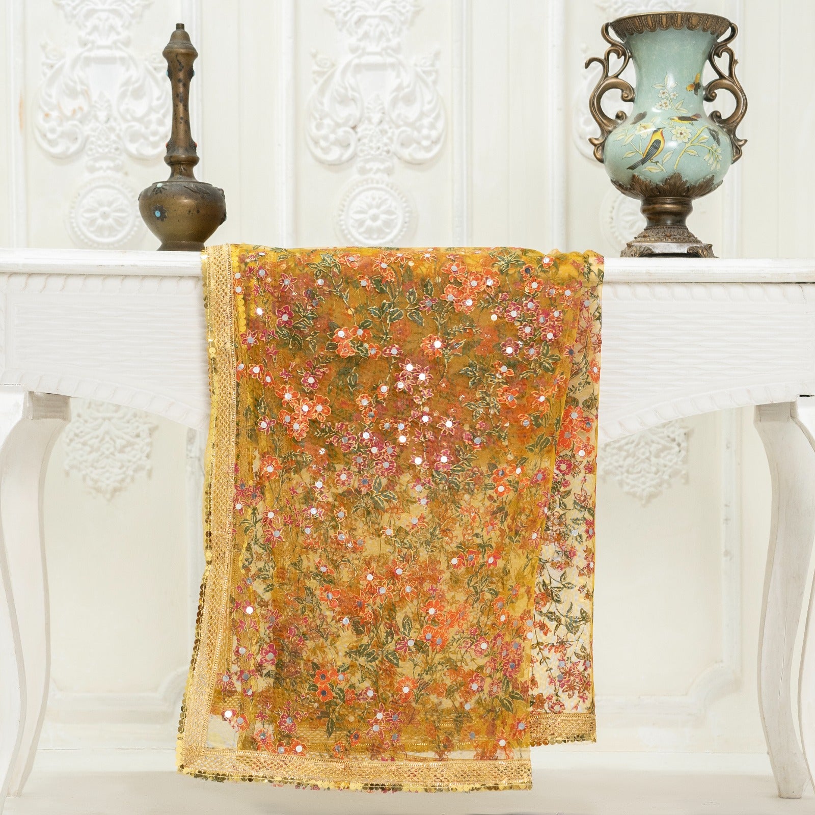 Net Mustard Botanical Block Printed Gota Patti with Mirror Work Dupatta